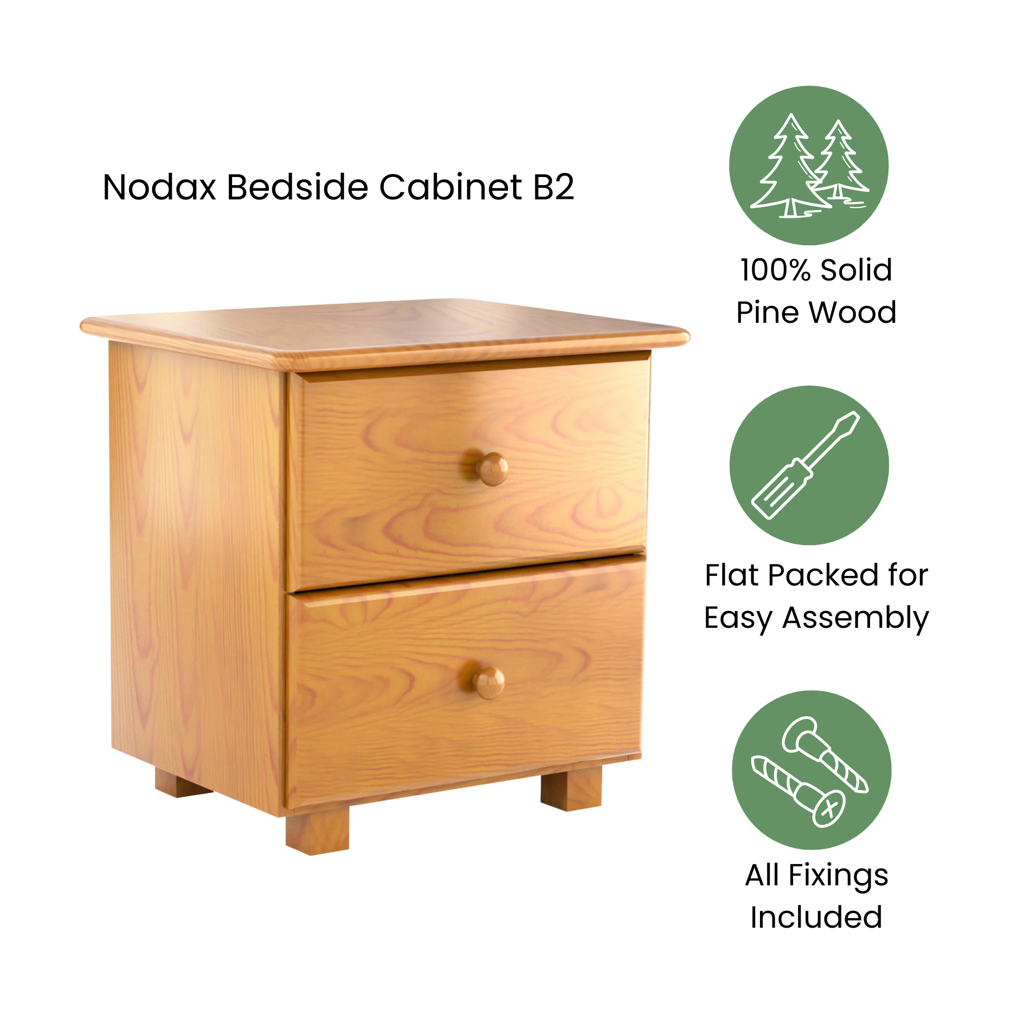 Nodax B2 bedside cabinet with 2 drawers, solid pine wood, easy assembly, all fixings included