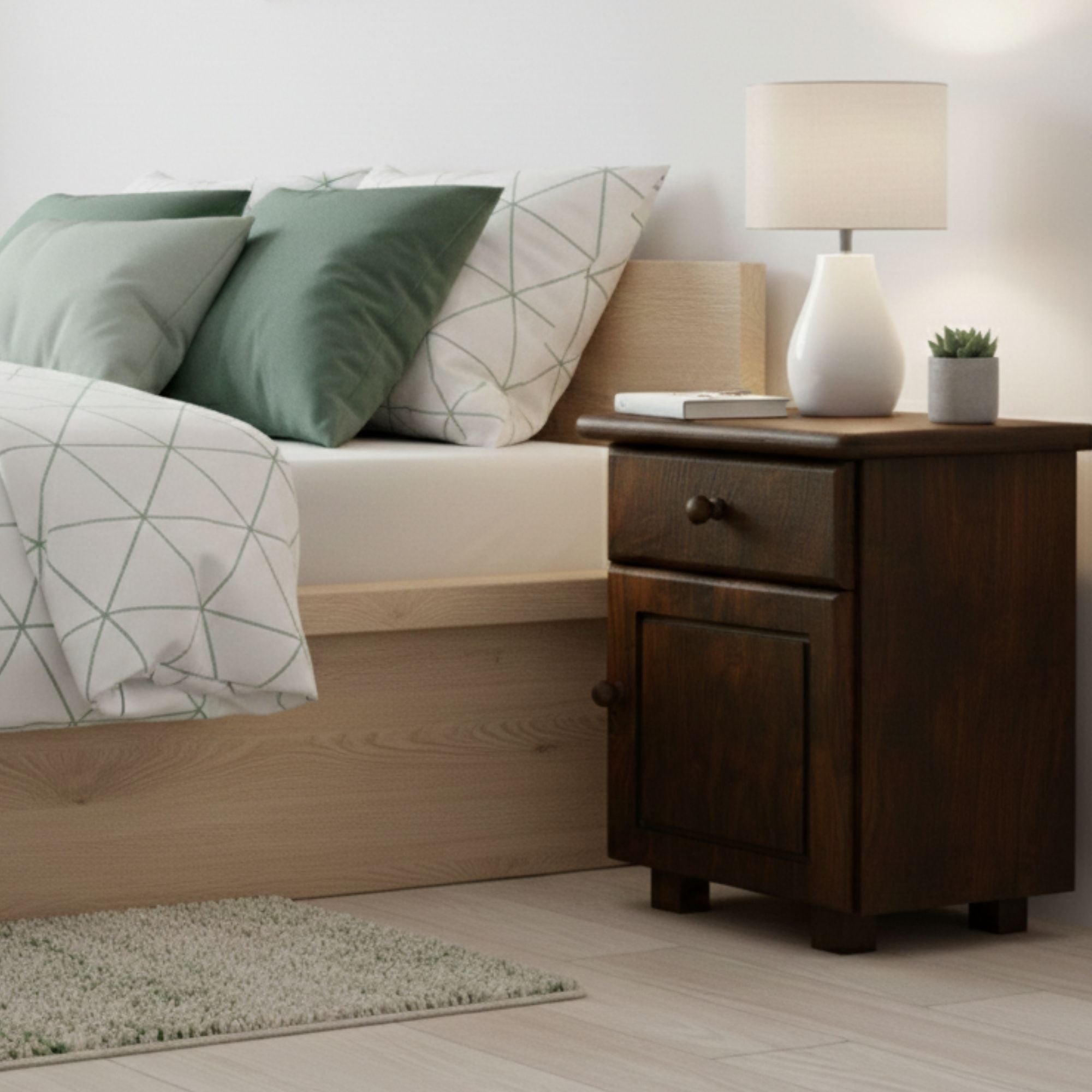 Nodax B4 bedside cabinet with 1 drawer and cupboard, solid pine wood, easy assembly, Walnut finish