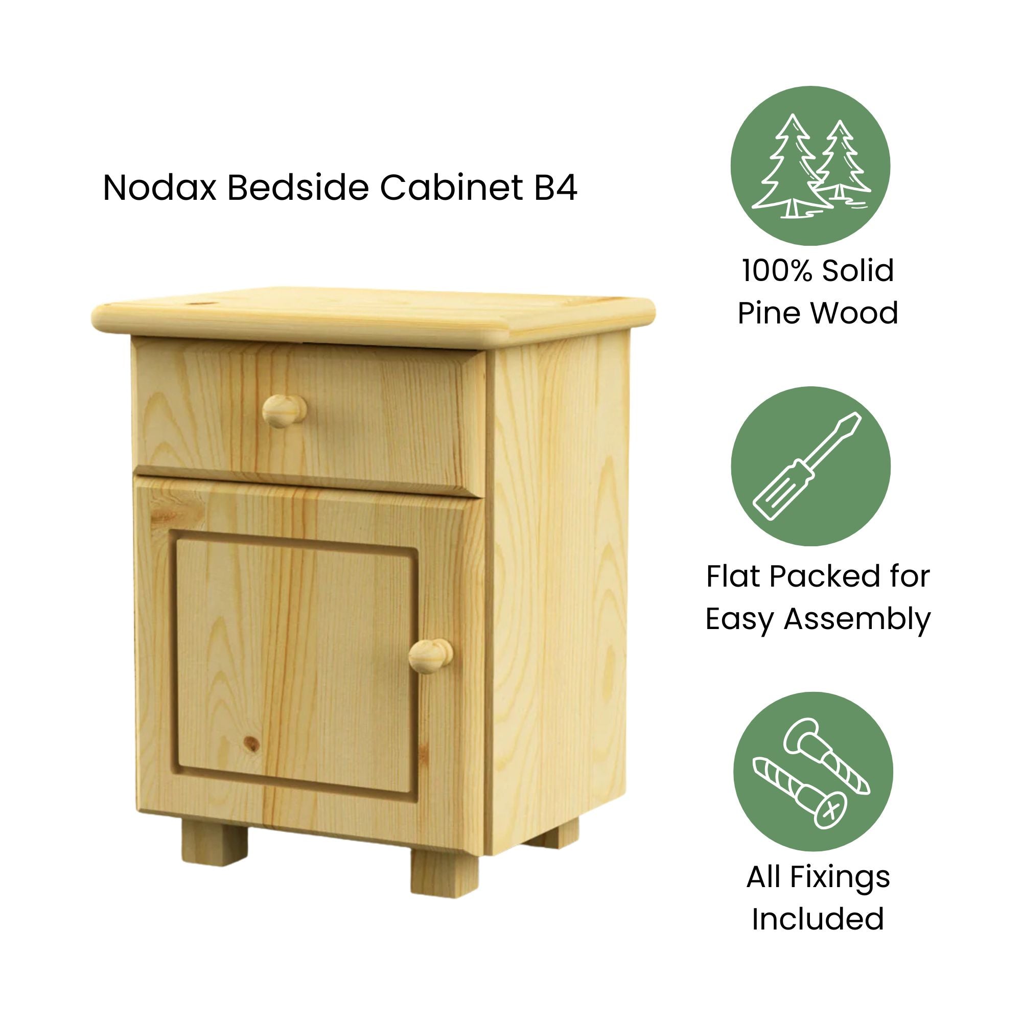 Nodax B4 bedside cabinet with 1 drawer and cupboard, solid pine wood, easy assembly, all fixings included
