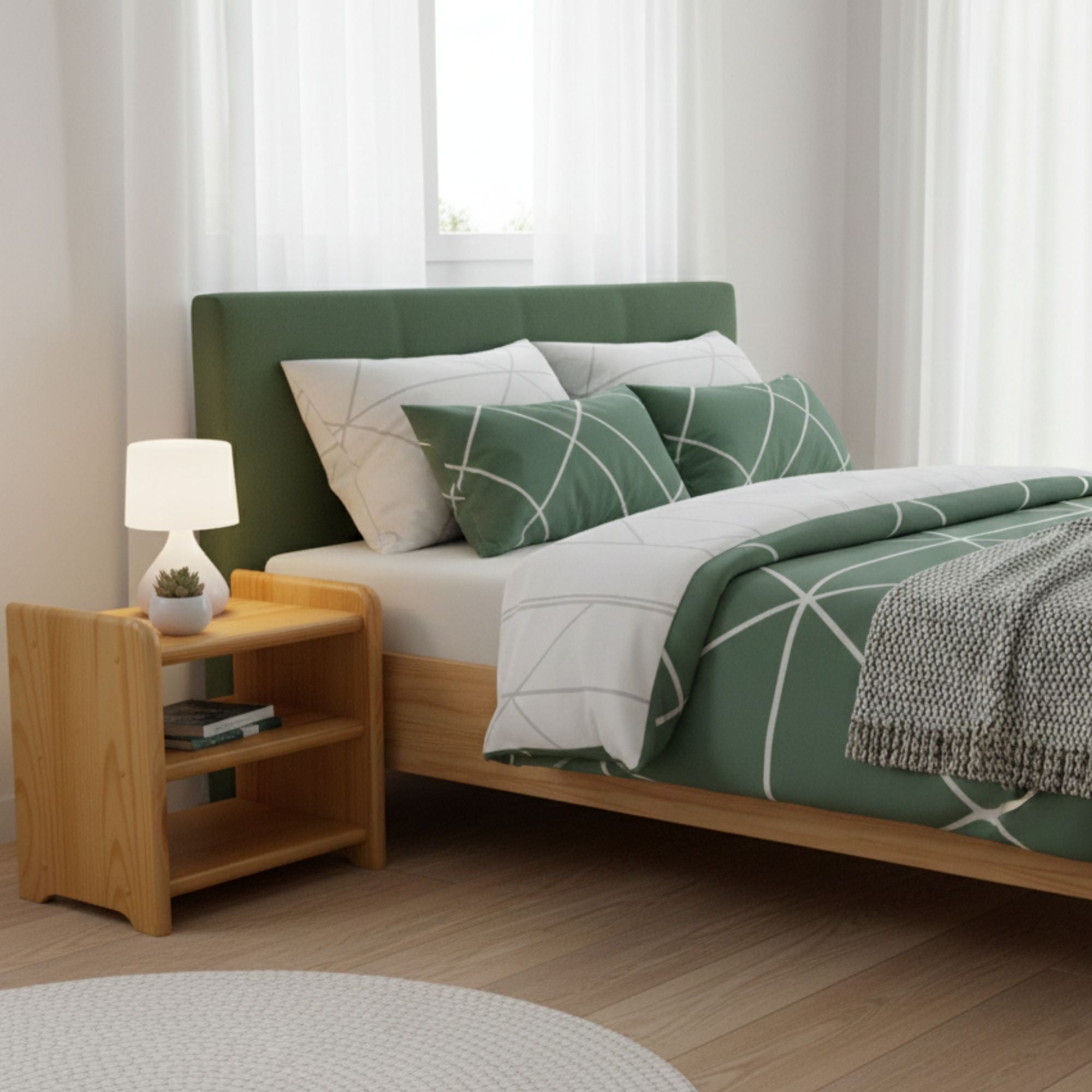 Nodax B5 bedside shelf unit, 3 shelves, solid wood, Alder finish, in green and white bedroom