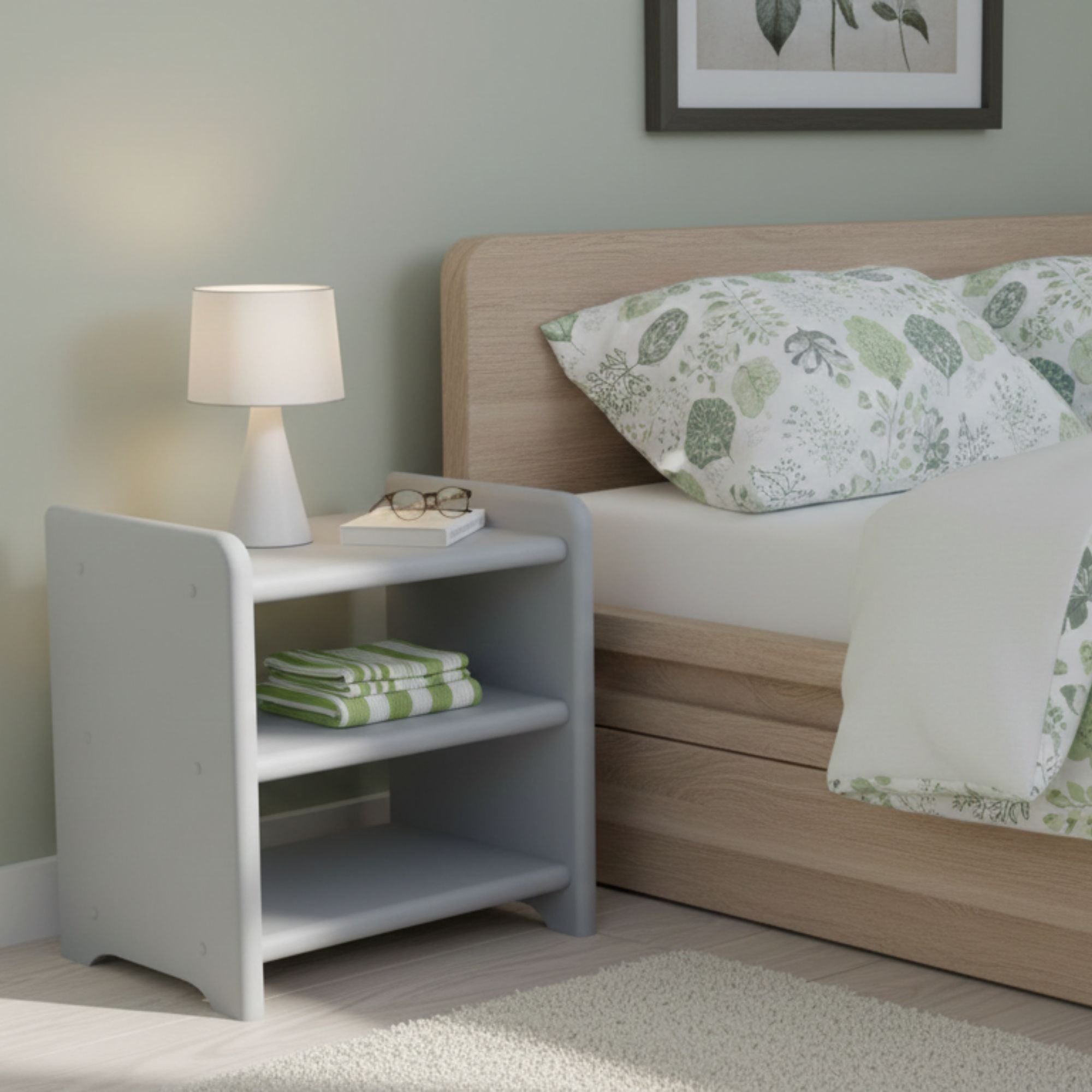 Nodax B5 bedside shelf unit, 3 shelves, solid wood, Grey painted finish, in green and white bedroom