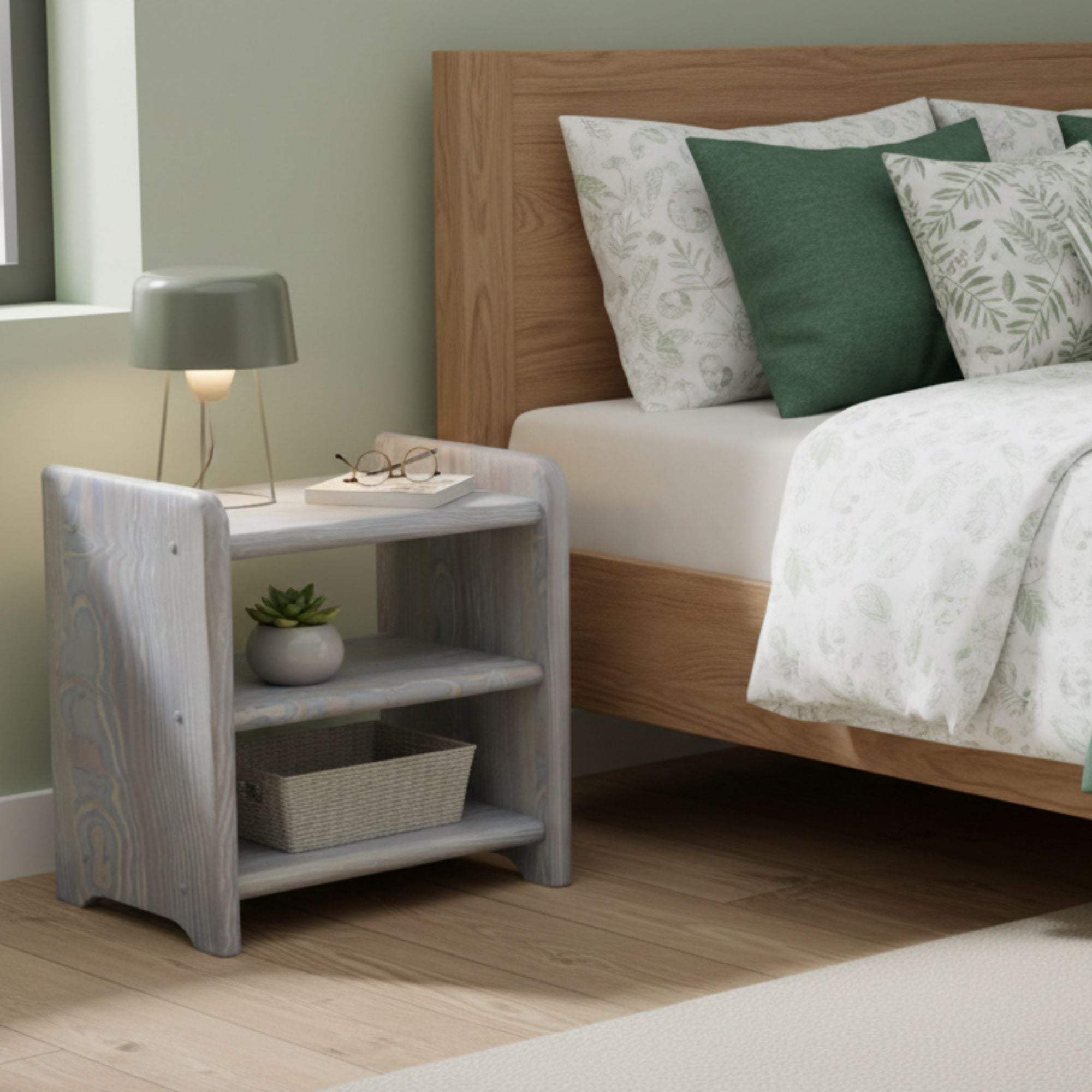 Nodax B5 bedside shelf unit, 3 shelves, solid wood, Grey Washed finish, in green and white bedroom