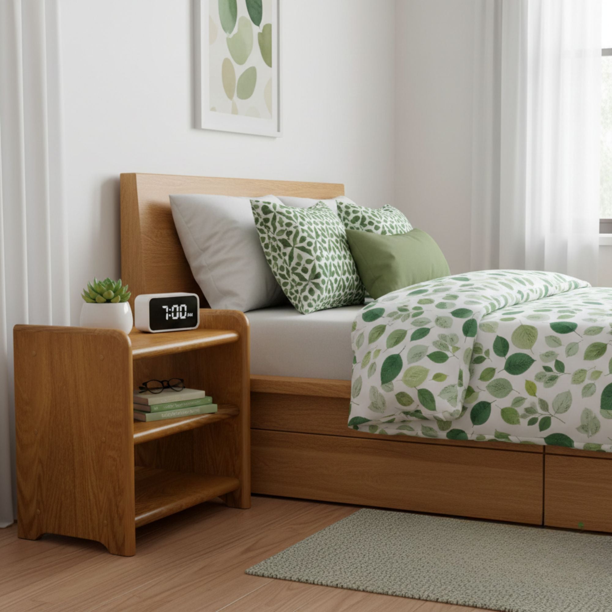 Nodax B5 bedside shelf unit, 3 shelves, solid wood, Oak finish, in green and white bedroom