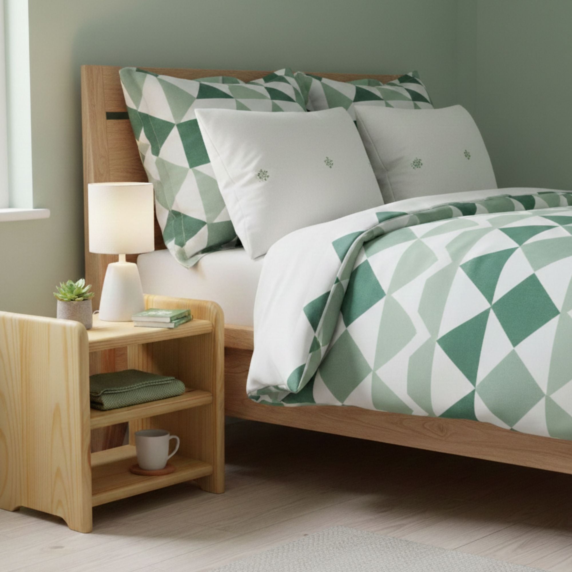 Nodax B5 bedside shelf unit, 3 shelves, solid wood, Pine finish, in green and white bedroom