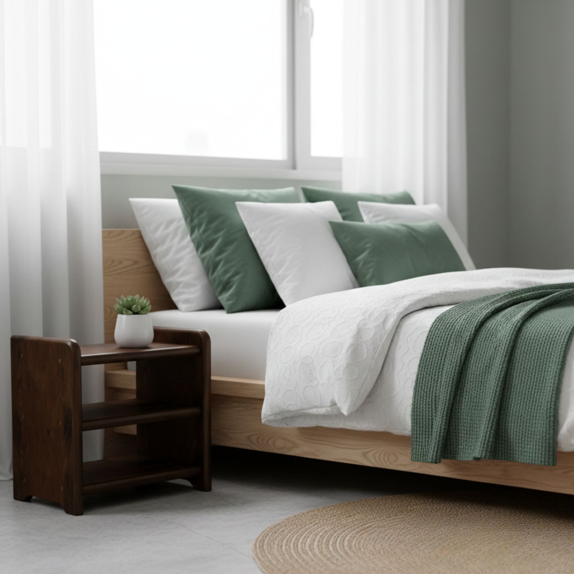 Nodax B5 bedside shelf unit, 3 shelves, solid wood, Walnut finish, in green and white bedroom