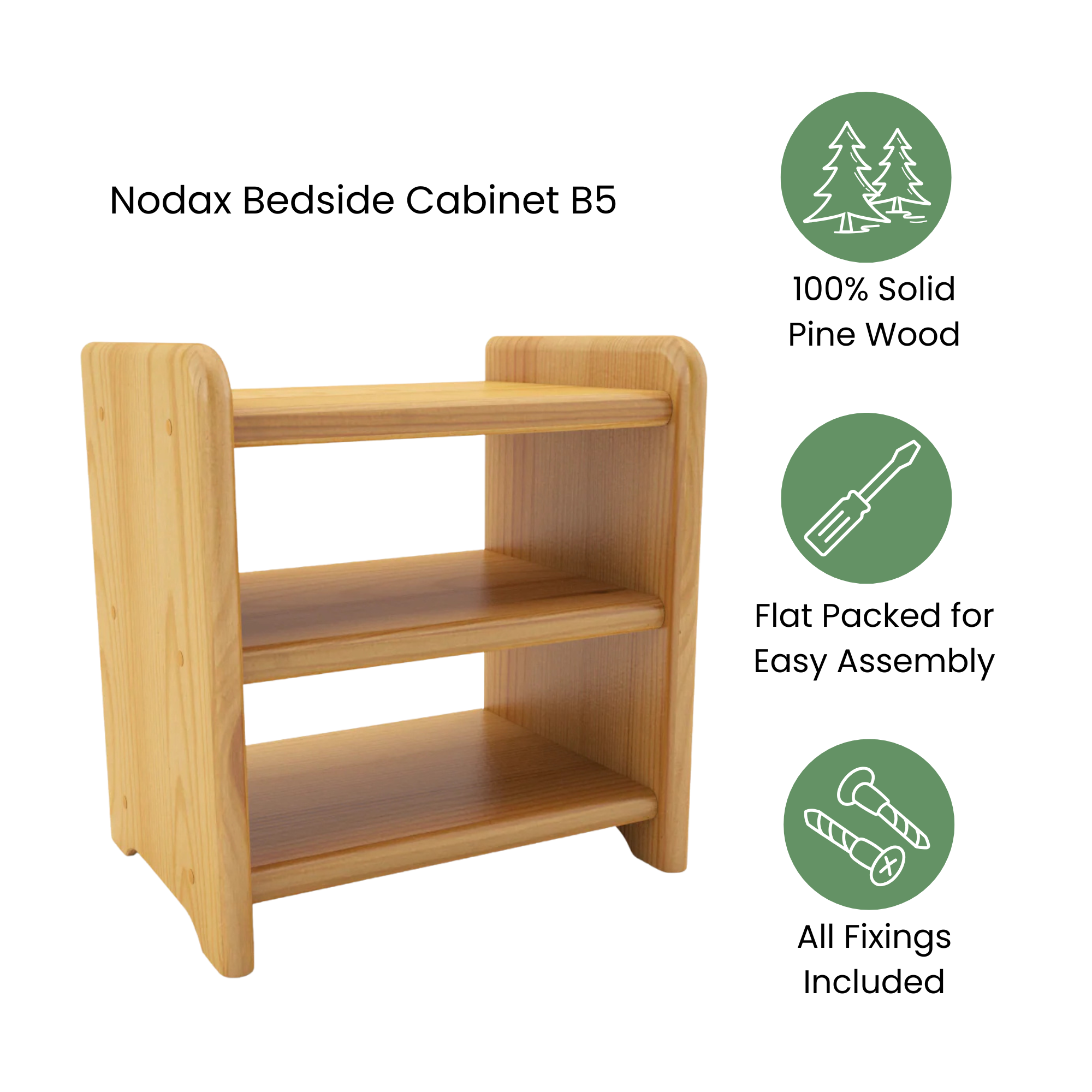 Nodax B5 bedside cabinet,  3 open shelves, wooden bedside table, various wood finishes, flat packed, all fixings included