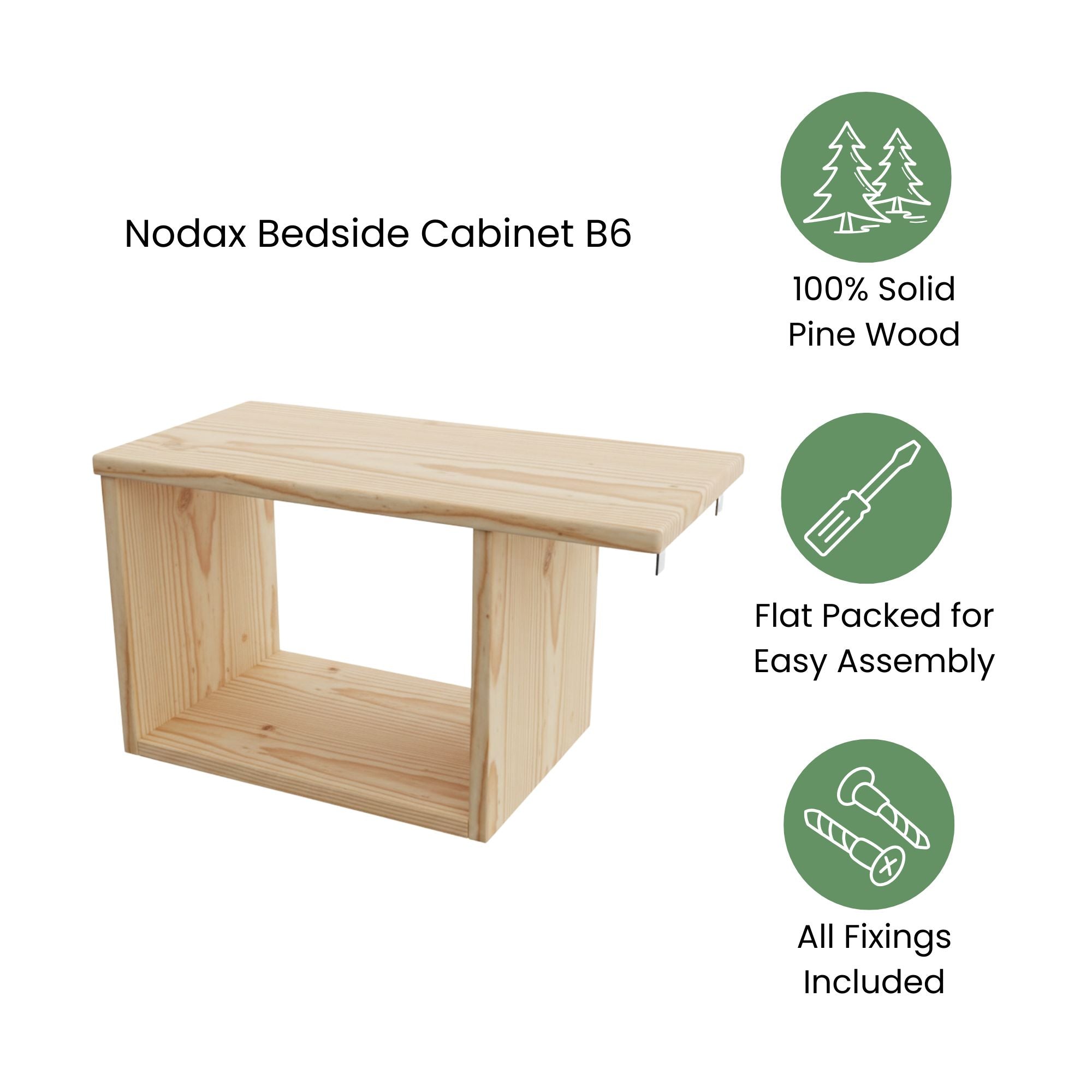 Nodax B6 bedside shelf in solid pine wood, with longer overhang top shelf, no gap, clips onto bed frame, easy assembly, all fixings included