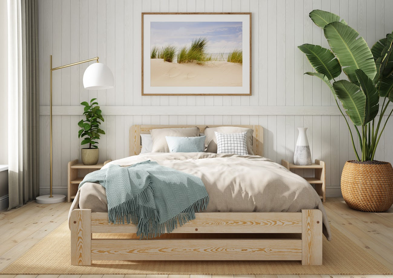 Nodax F1 Aurora wooden bed frame, pine finish, matching bedside tables