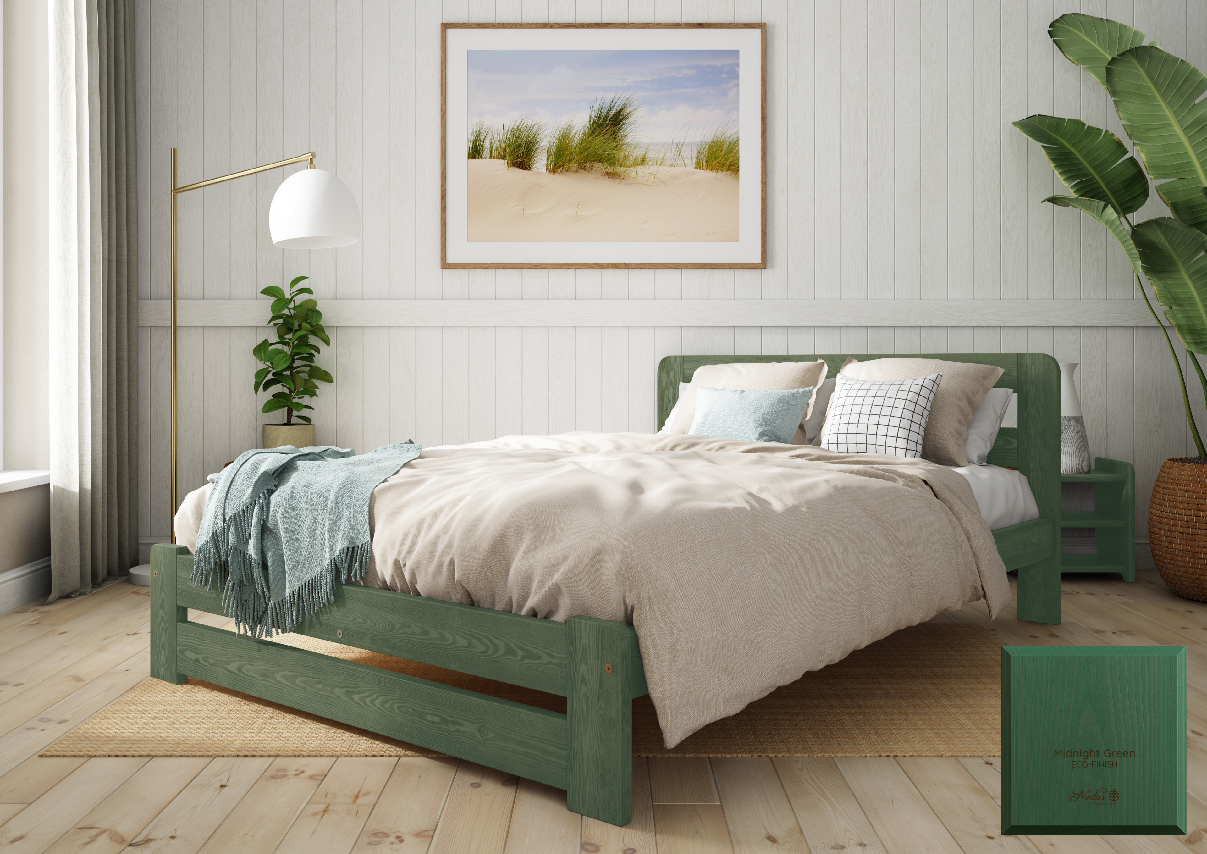 Nodax F1 Aurora bed frame in Auro 560 Midnight Green eco-colour woodstain, eco-friendly, breathable, safe, non-toxic, plastic-free, low VOCs