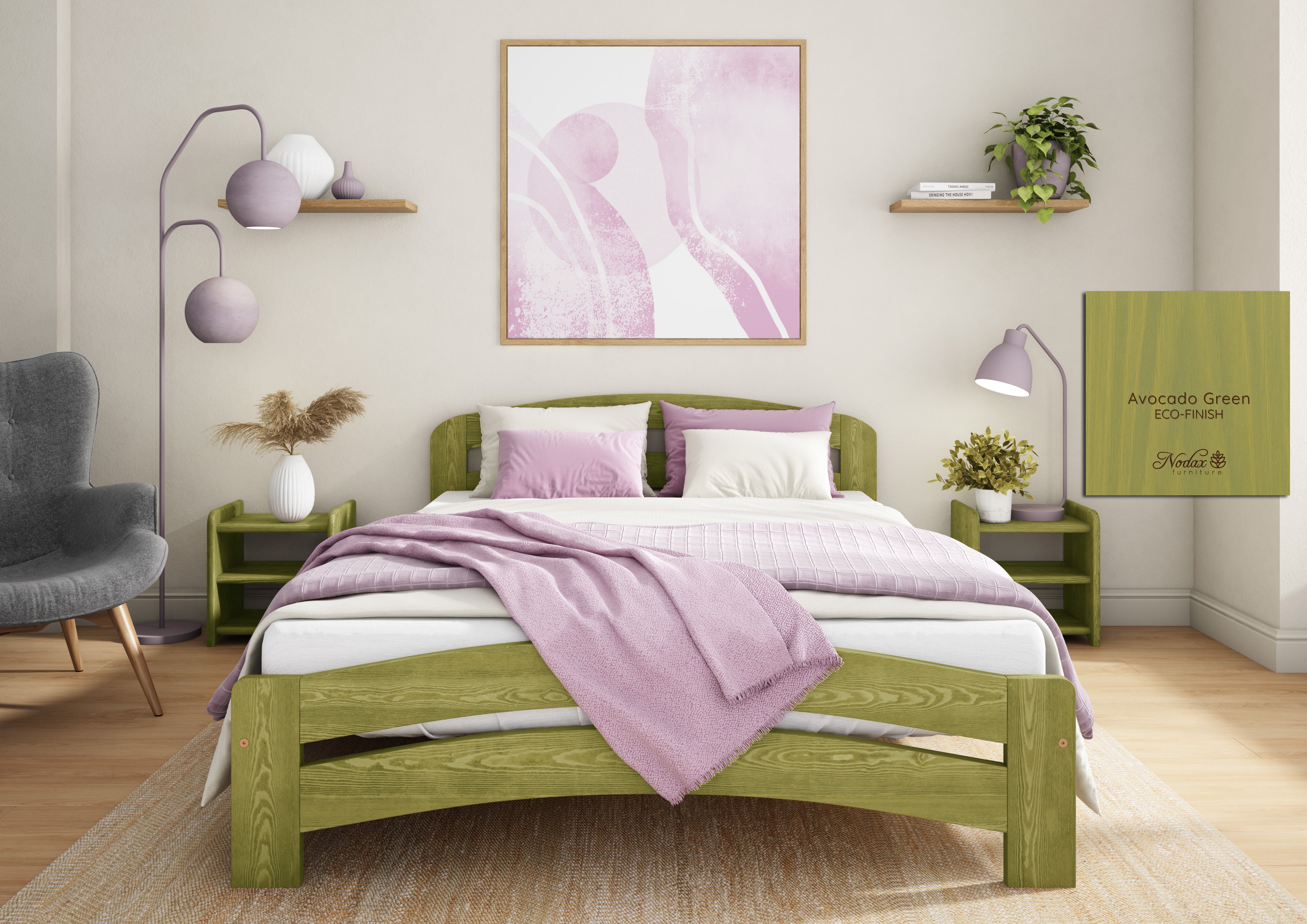 Nodax F10 Dala bed frame in Auro 560 Avocado green eco-colour woodstain, eco-friendly, breathable, safe, non-toxic, plastic-free, low VOCs