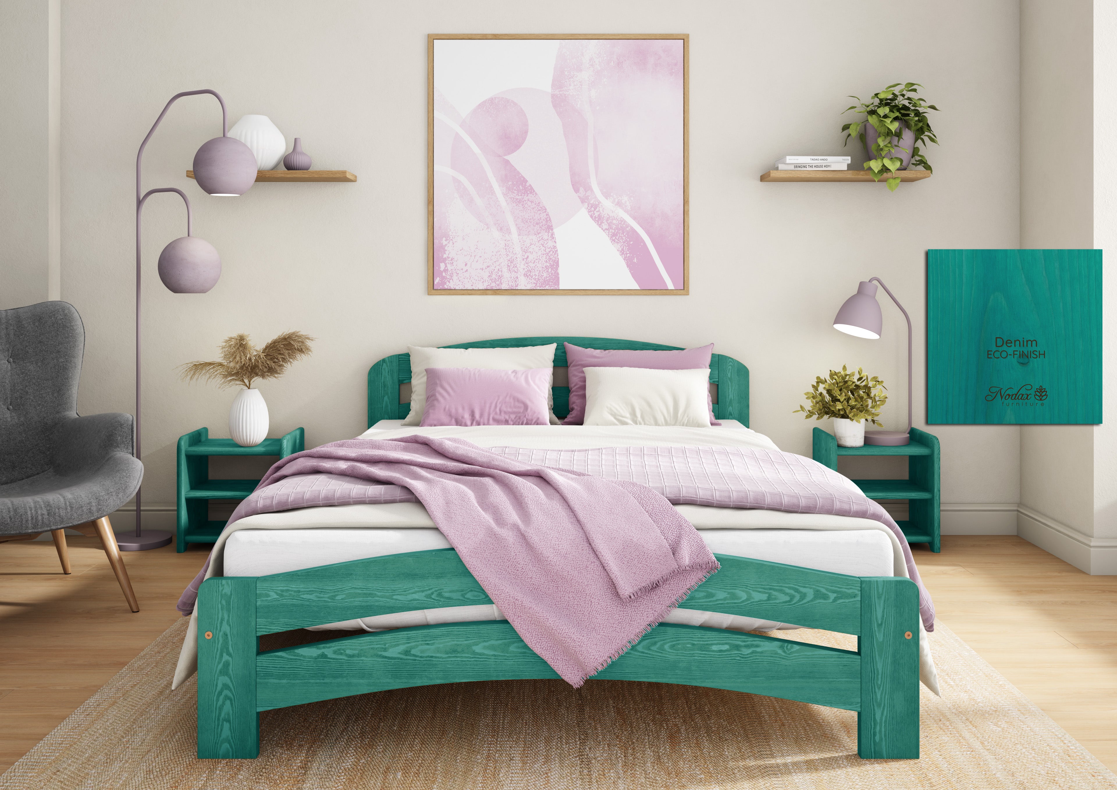 Nodax F10 Dala bed frame in Auro 560 Denim blue-green eco-colour woodstain, eco-friendly, breathable, safe, non-toxic, plastic-free, low VOCs
