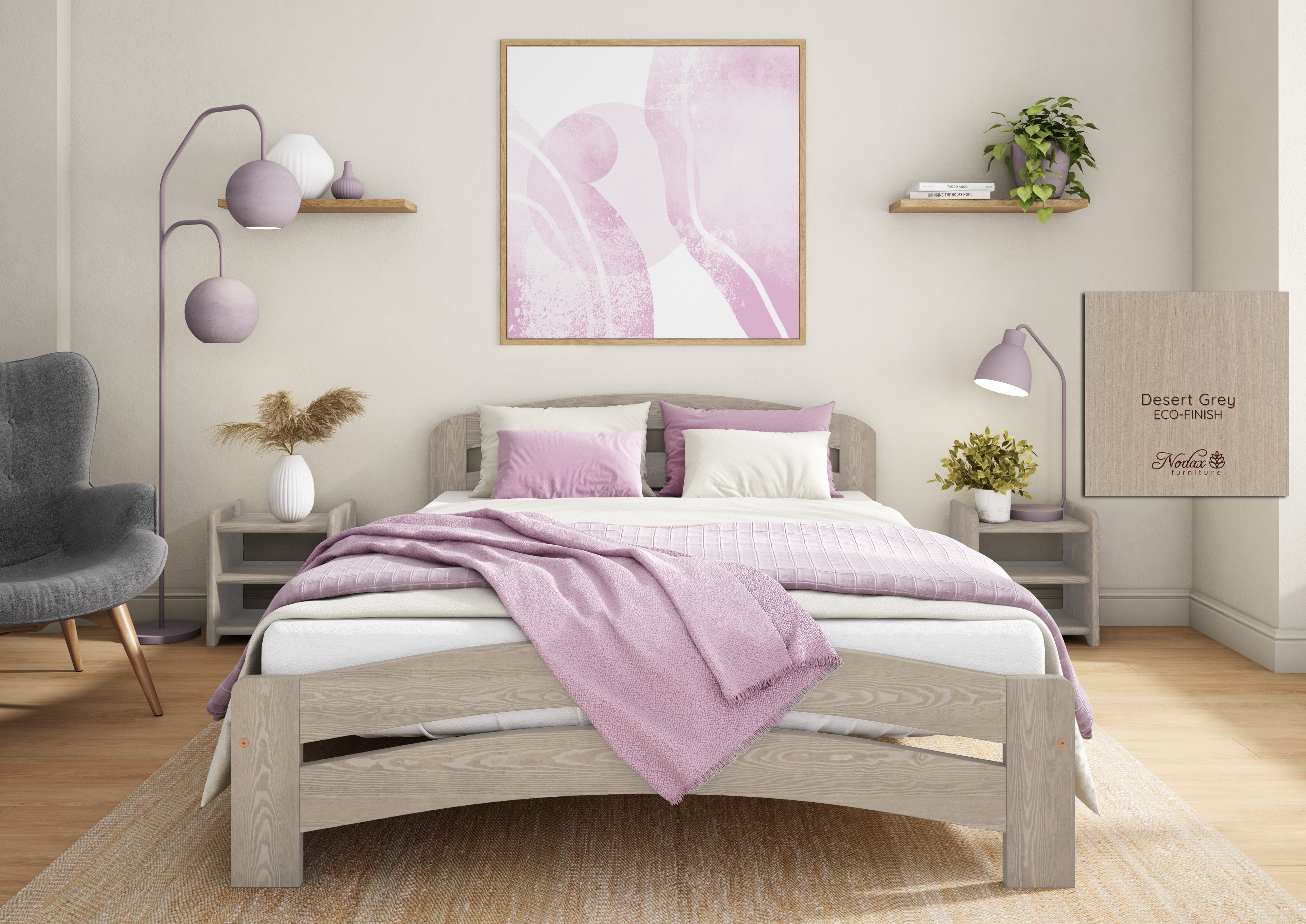 Nodax F10 Dala bed frame in Auro 560 Desert Grey eco-colour woodstain, eco-friendly, breathable, safe, non-toxic, plastic-free, low VOCs