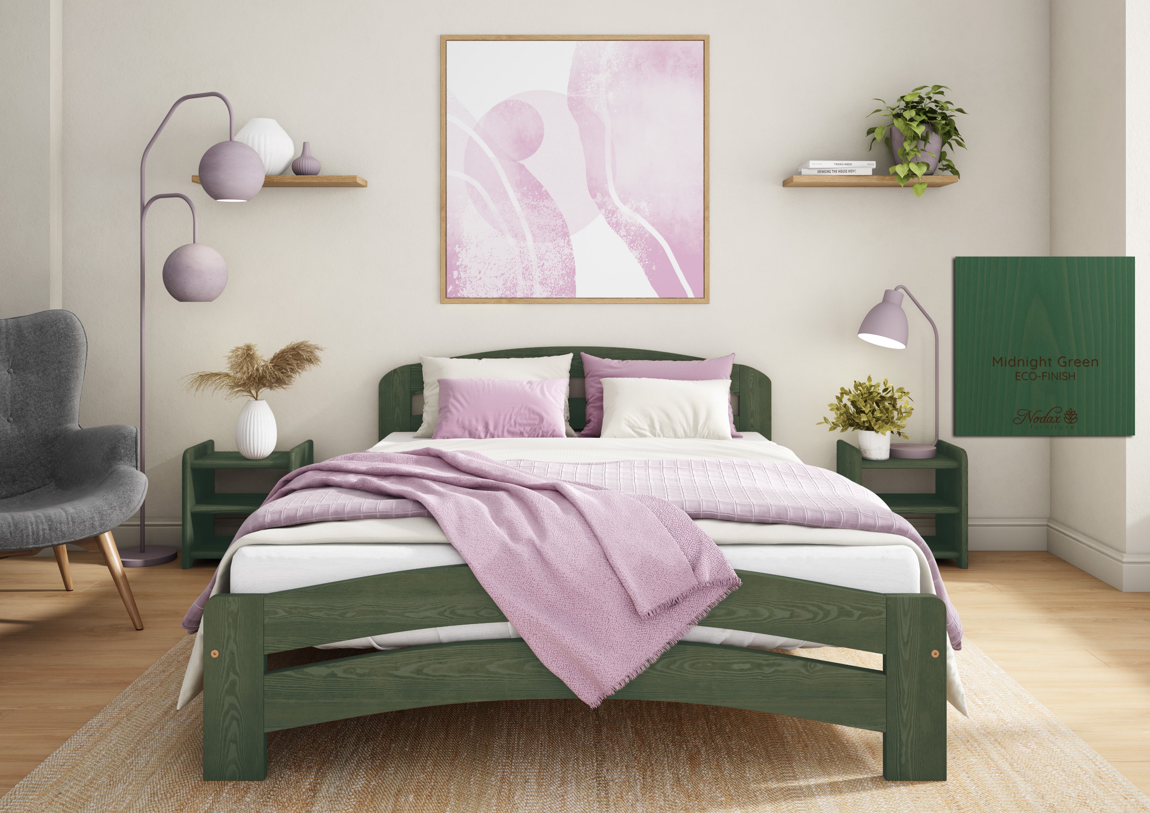 Nodax F10 Dala bed frame in Auro 560 Midnight Green eco-colour woodstain, eco-friendly, breathable, safe, non-toxic, plastic-free, low VOCs