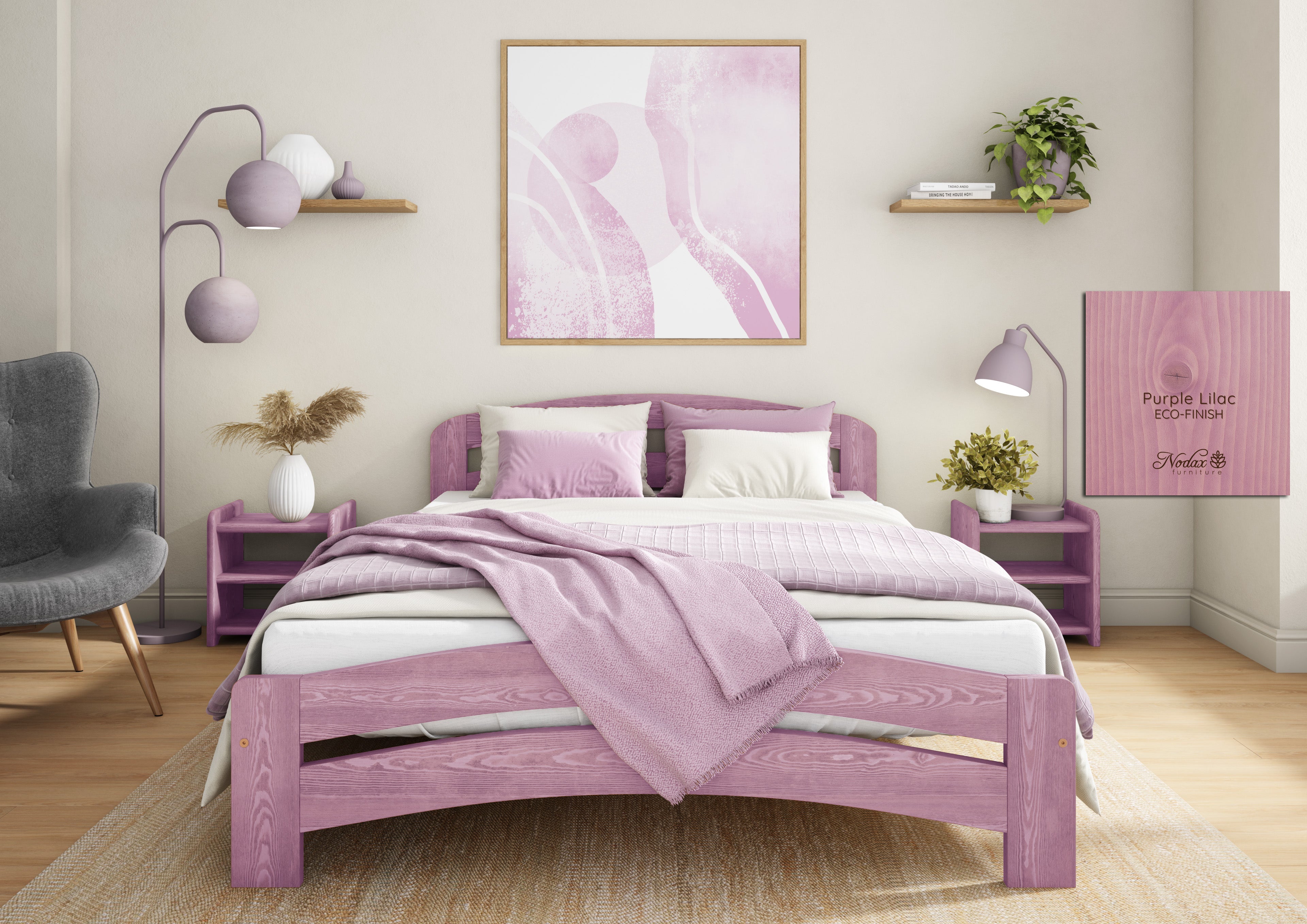 Nodax F10 Dala bed frame in Auro 560 purple lilac eco-colour woodstain, eco-friendly, breathable, safe, non-toxic, plastic-free, low VOCs