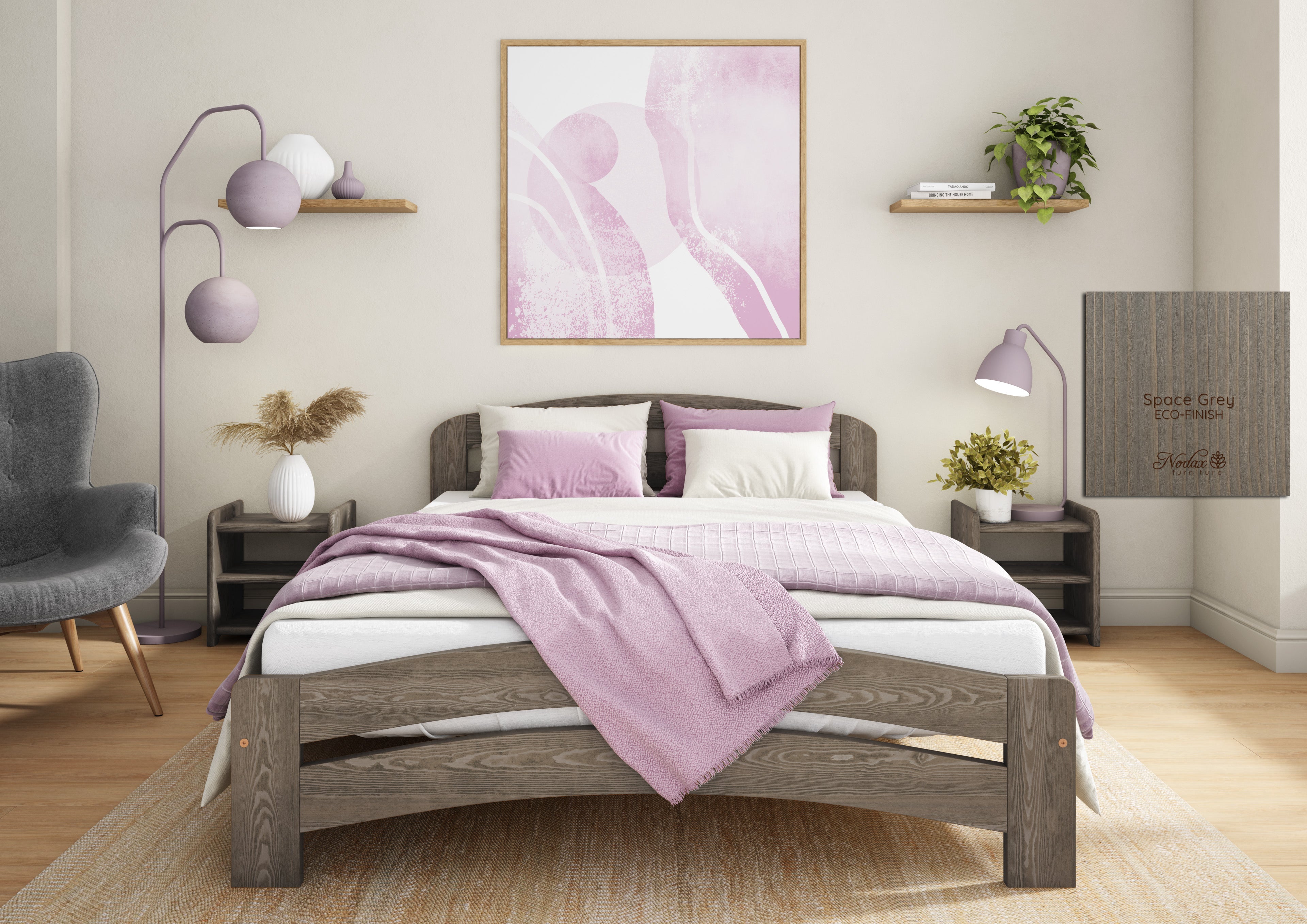 Nodax F10 Dala bed frame in Auro 560 space grey eco-colour woodstain, eco-friendly, breathable, safe, non-toxic, plastic-free, low VOCs