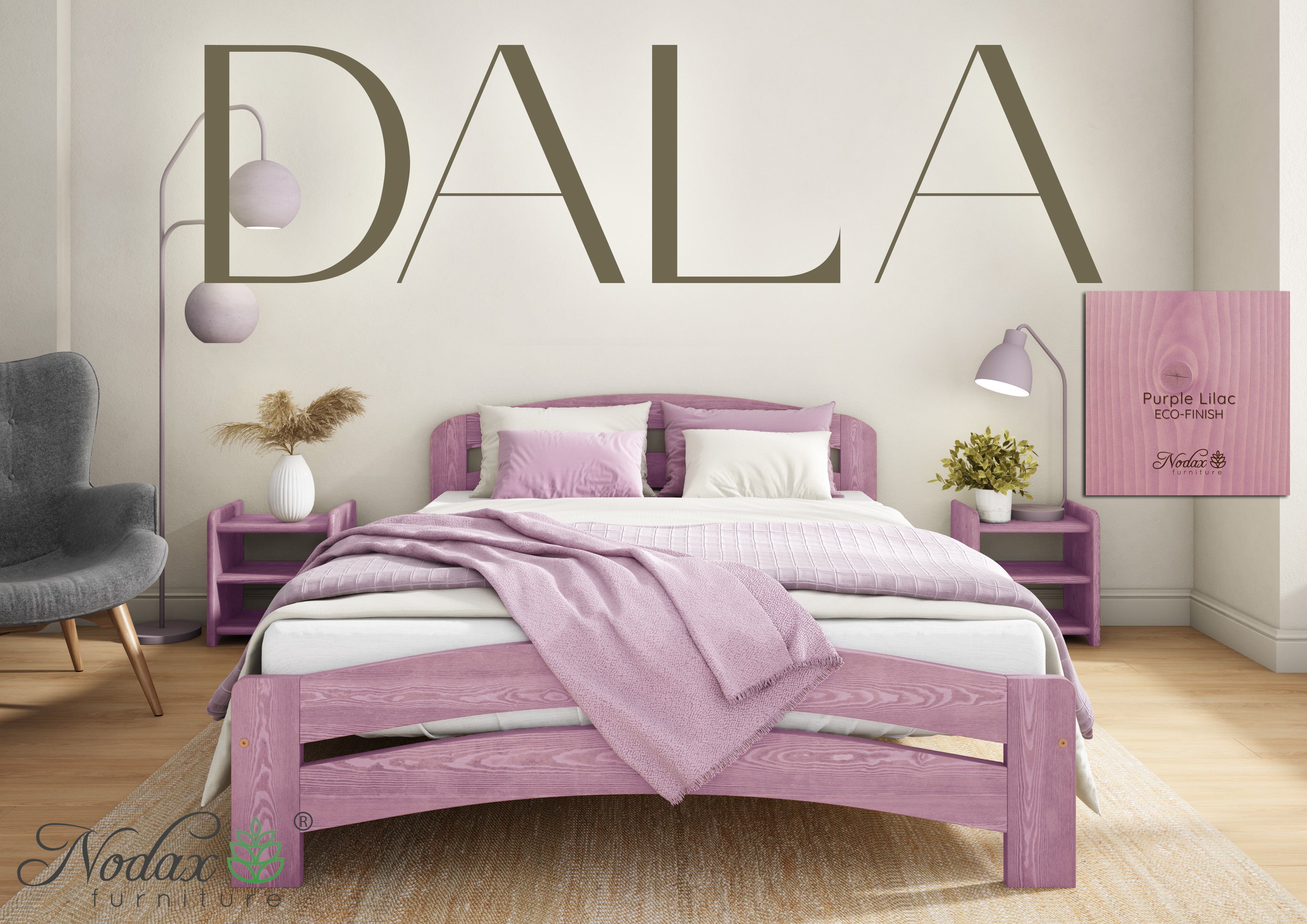 Nodax F10 Dala bed frame in purple/pink eco-colour woodstain, eco-friendly, breathable, safe for children and pets