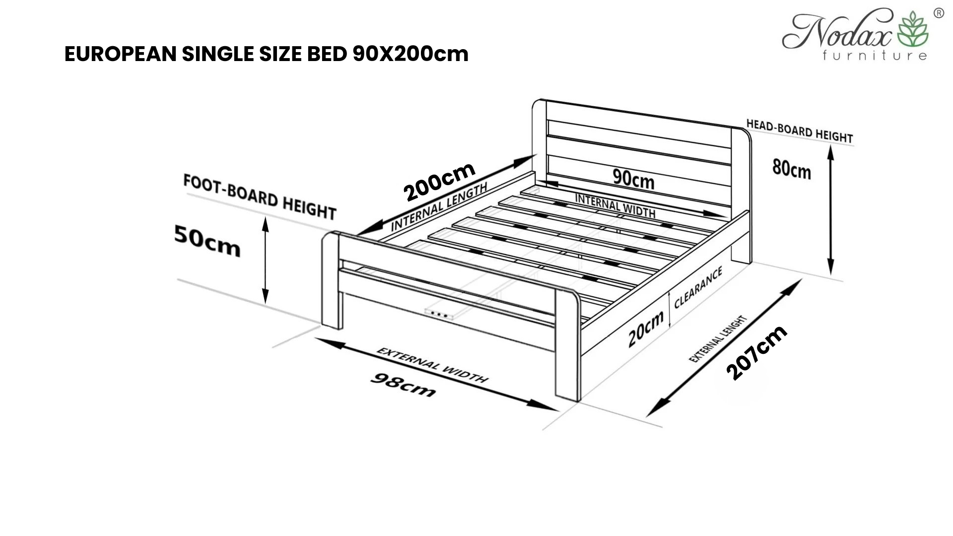 Nodax Nordic Sky F2 wooden bed frame, dimensions for European Single size