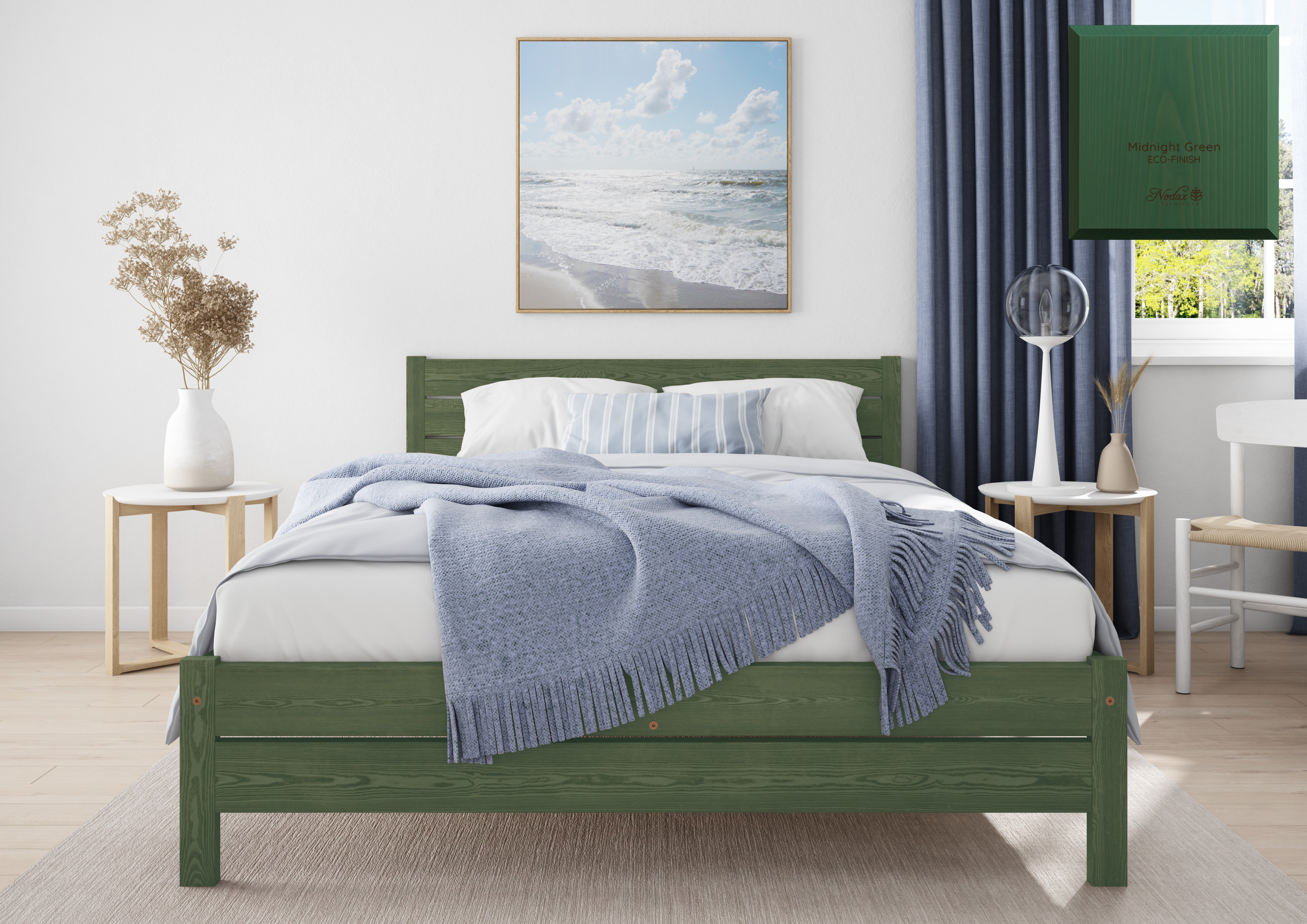 Nodax F1 Aurora bed frame in Auro 560 Midnight Green eco-colour woodstain, eco-friendly, breathable, safe, non-toxic, plastic-free, low VOCs