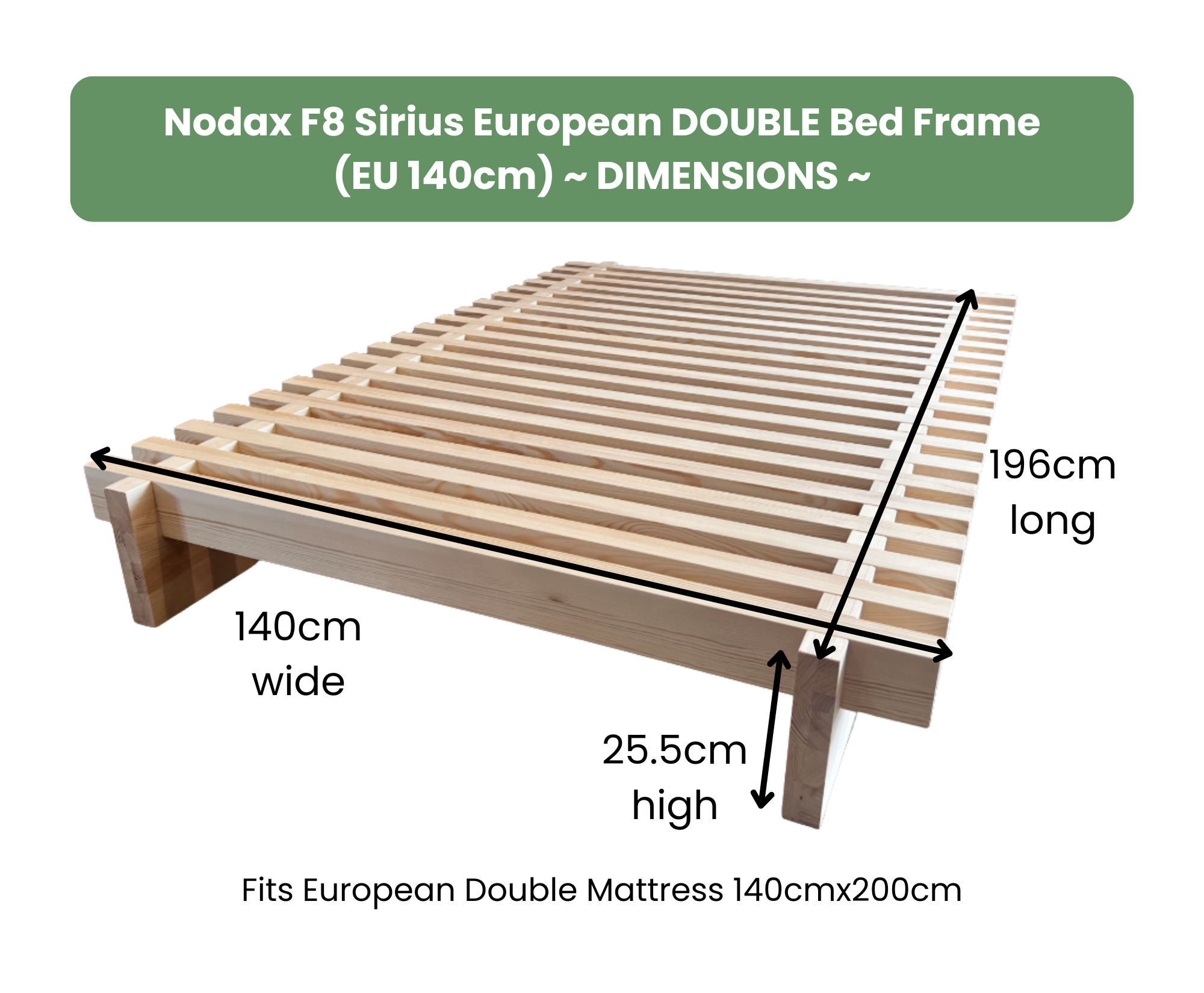 Nodax F8 Sirius extra strong wooden bed frame European Double 140cm Dimensions Measurements
