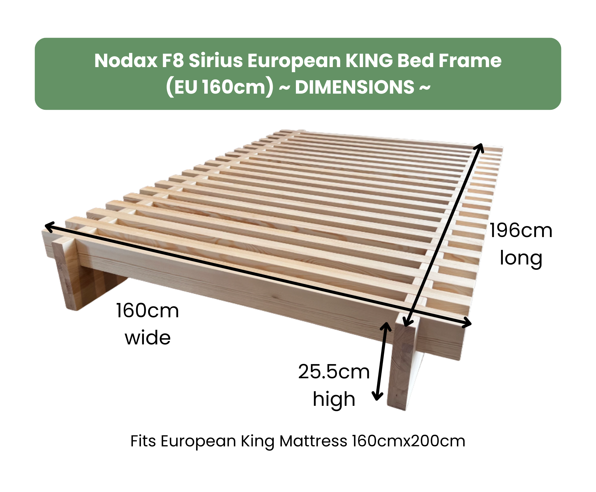 Nodax F8 Sirius extra strong wooden bed frame European King 160cm Dimensions Measurements