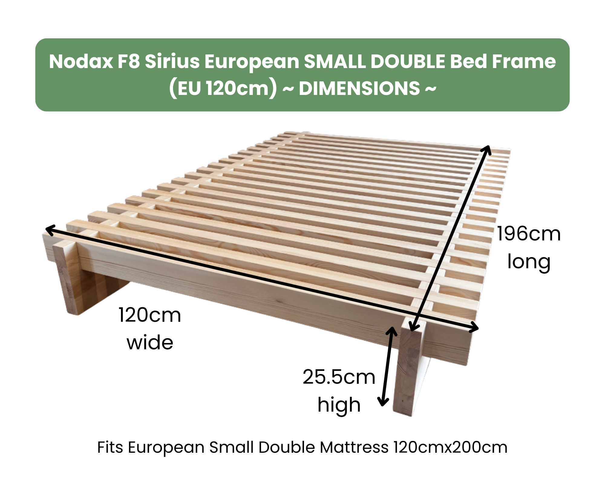 Nodax F8 Sirius extra strong wooden bed frame European Small Double 120cm Dimensions Measurements