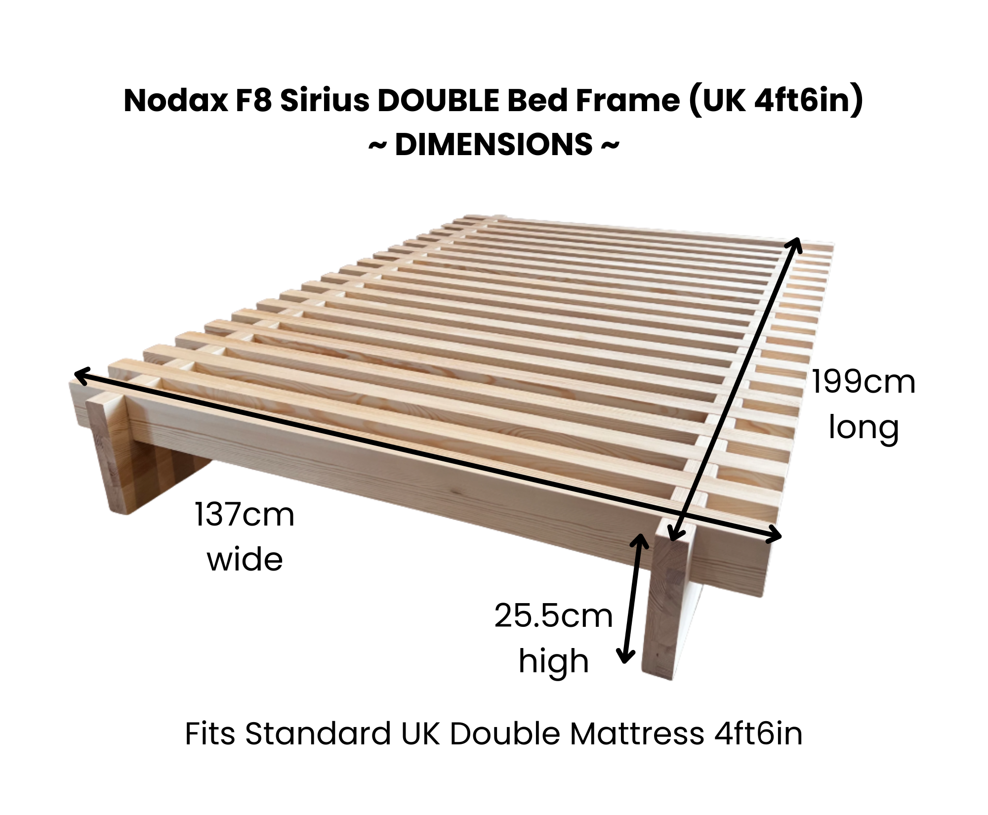 Nodax F8 Sirius extra strong wooden bed frame UK Double 4ft6in Dimensions Measurements