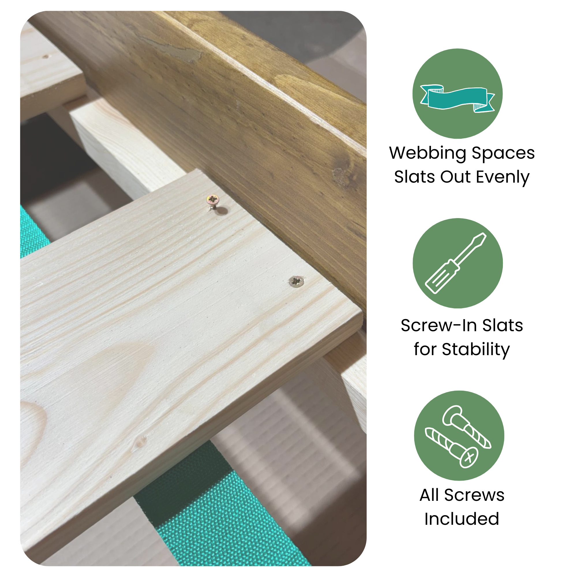 Nodax wooden replacement slats for bed with fabric webbing tape, all screws included, slats screw in for extra stability