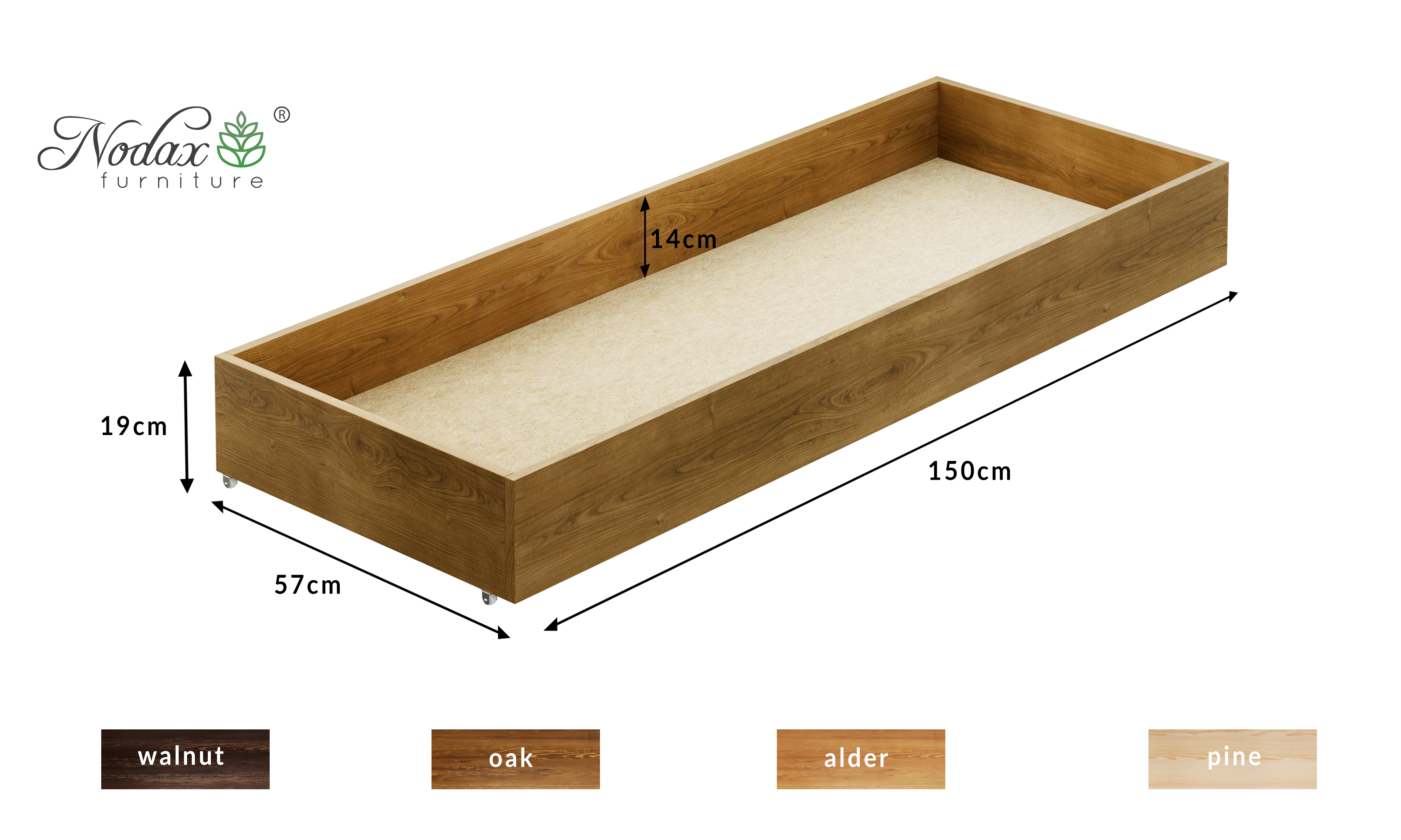 Nodax underbed drawer 150cm long (three quarter size), Oak finish, dimensions