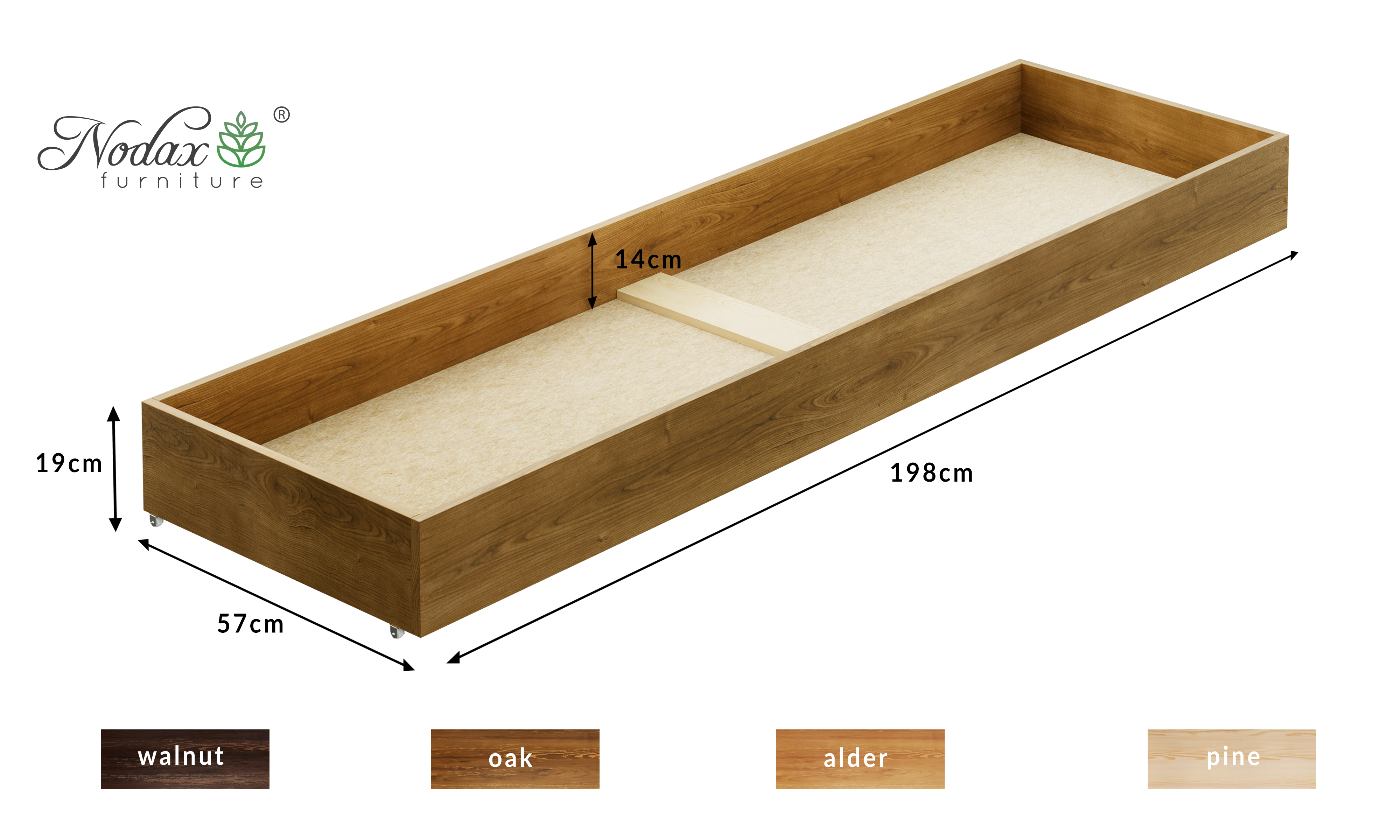 Nodax underbed drawer 198cm long (longer full size), Oak finish, dimensions