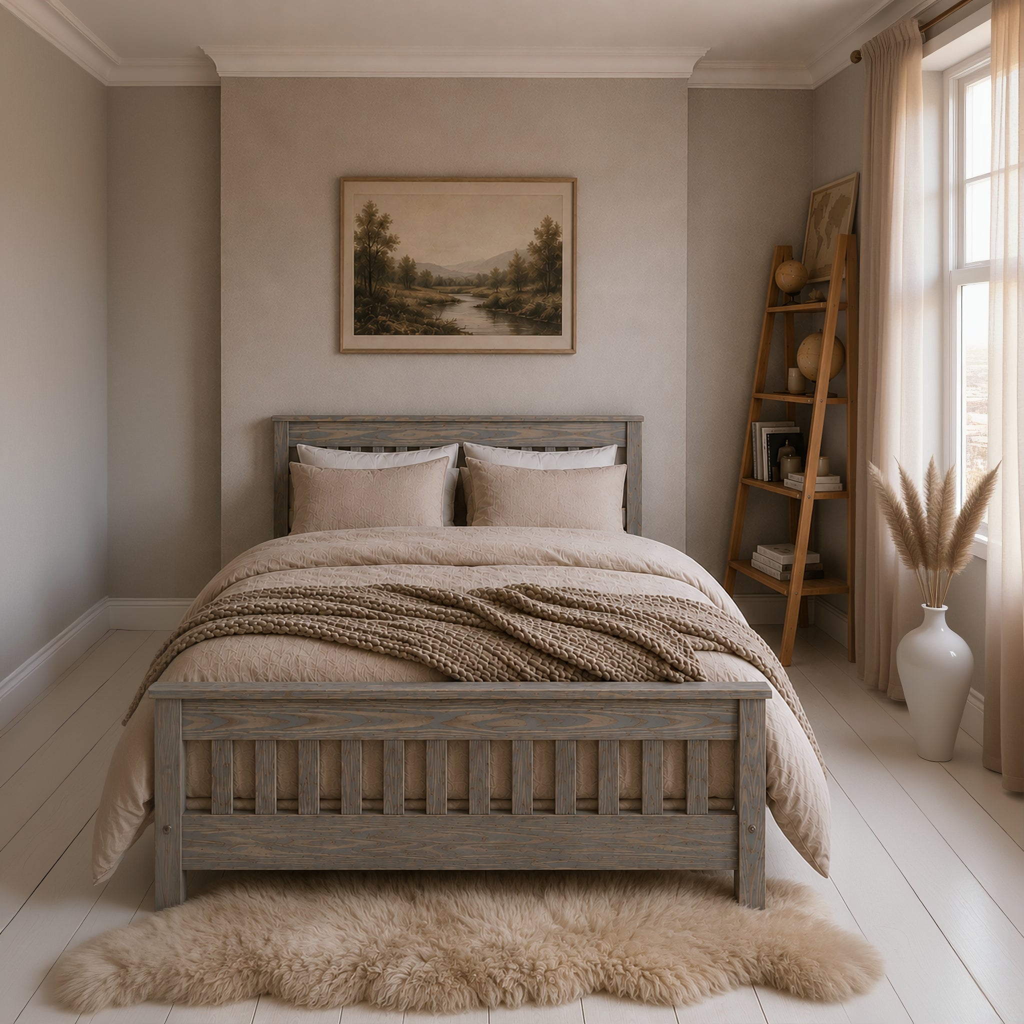 Wooden bed frame in grey washed in cozy bedroom. 