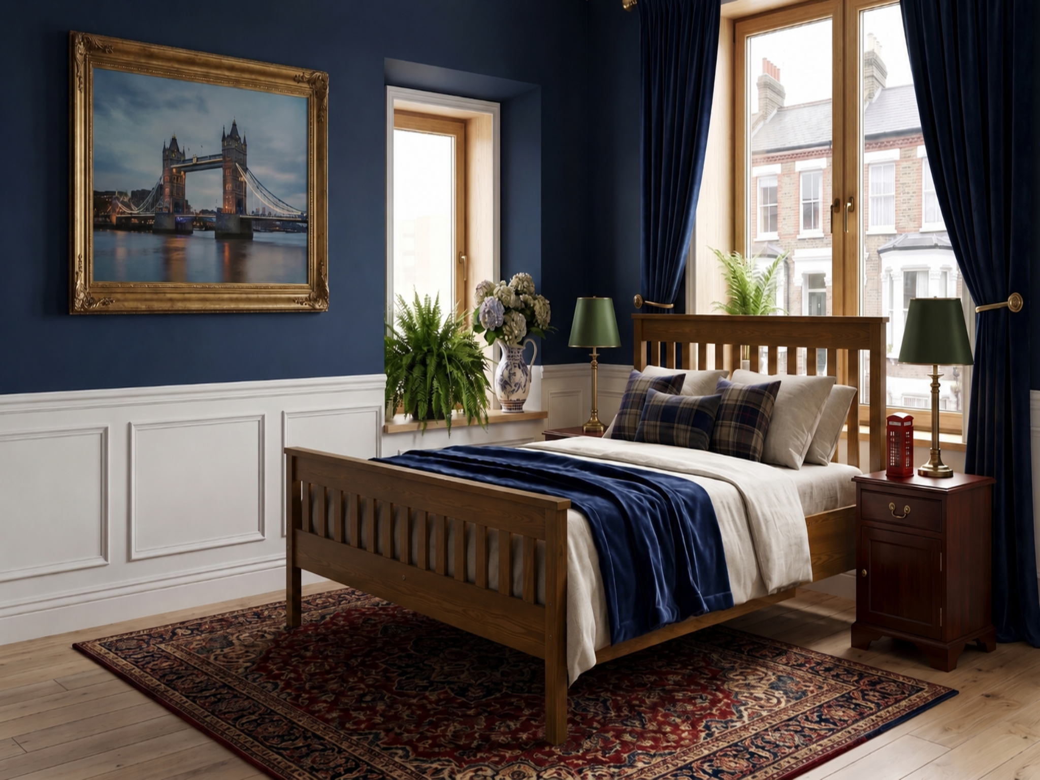 Cozy bedroom with wooden bed, blue walls, and decorative elements in London style. 