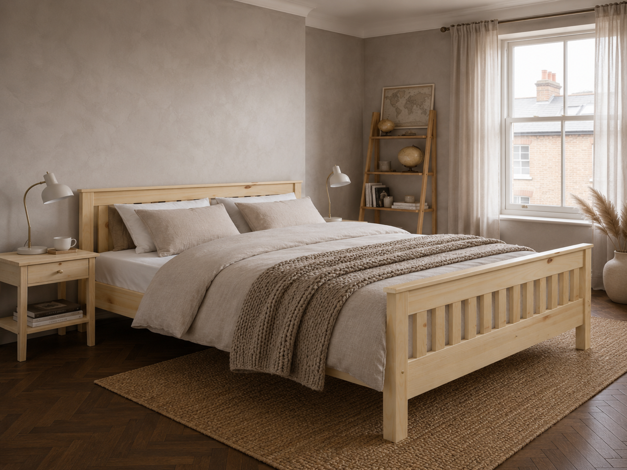 Bedroom with wooden bed, nightstands, and a window.
