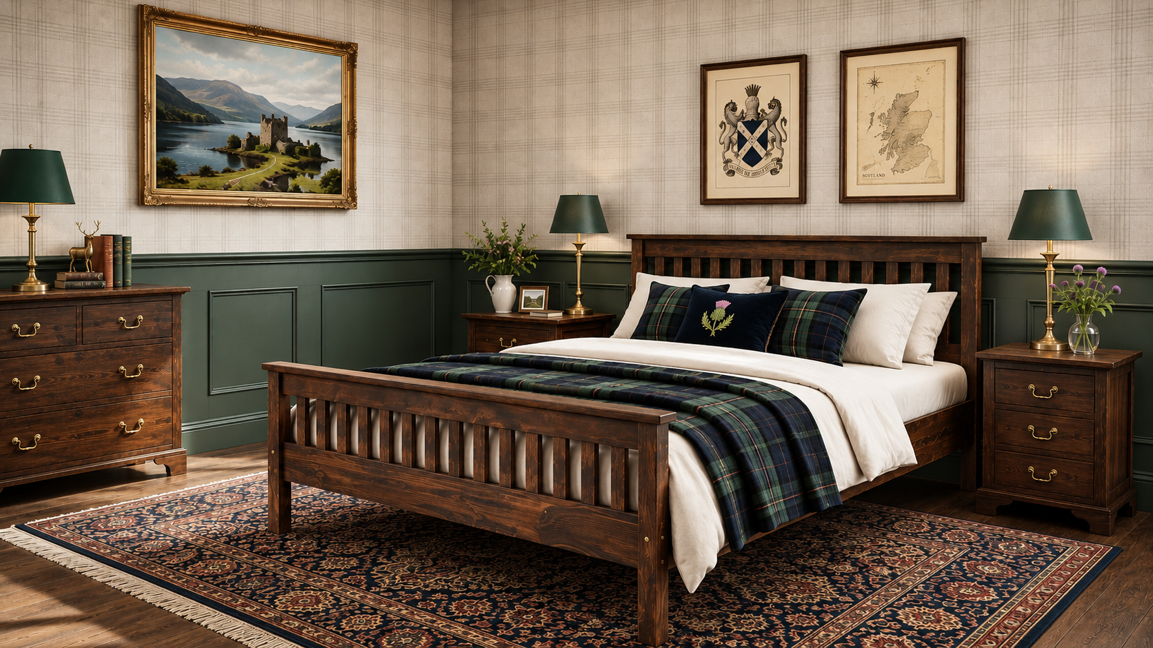 Wooden bed in a room with decorative elements and artwork on the walls.