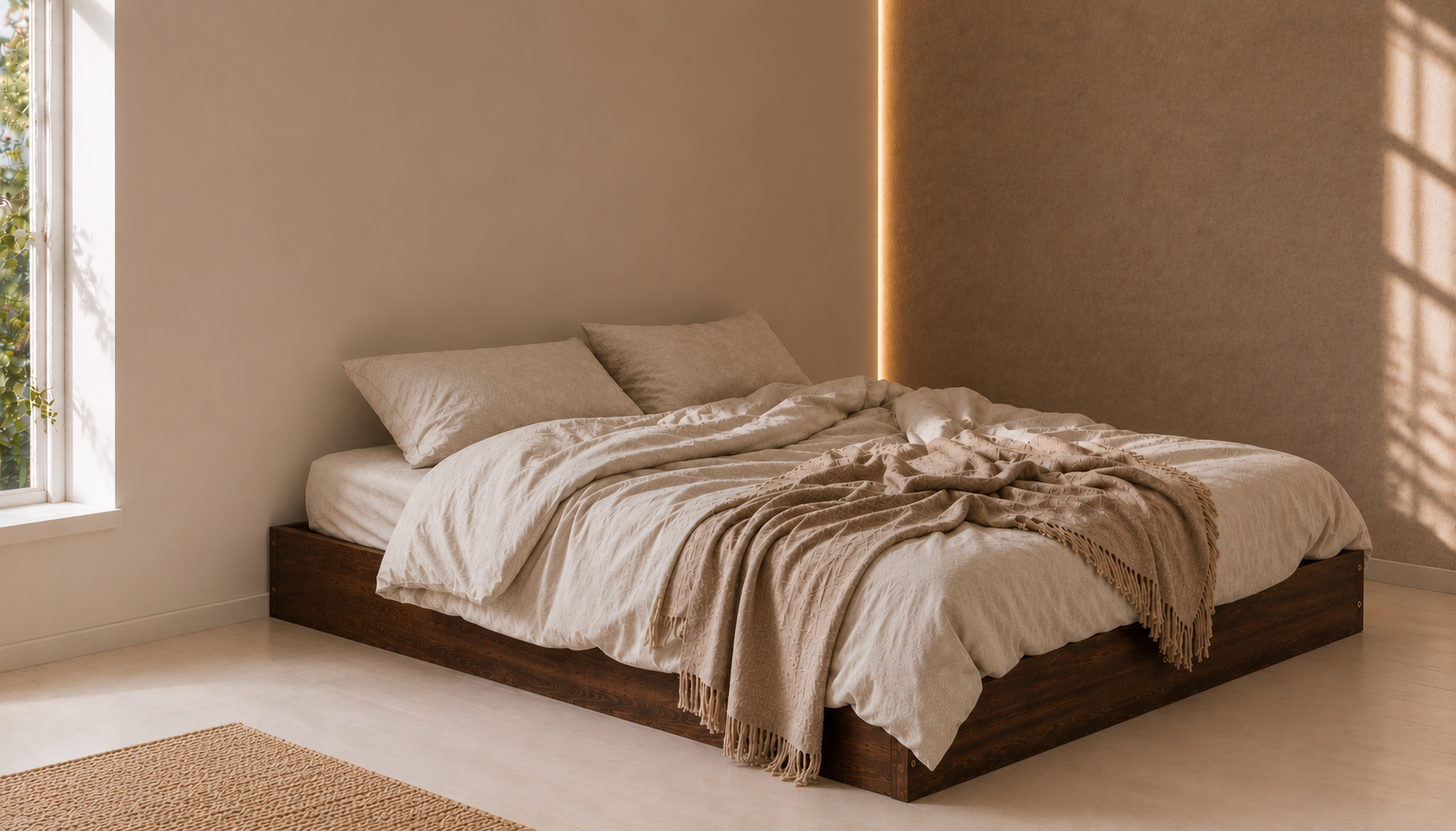 Bedroom with a wooden bed frame in walnut finish against a wall, natural light, and minimal decor.