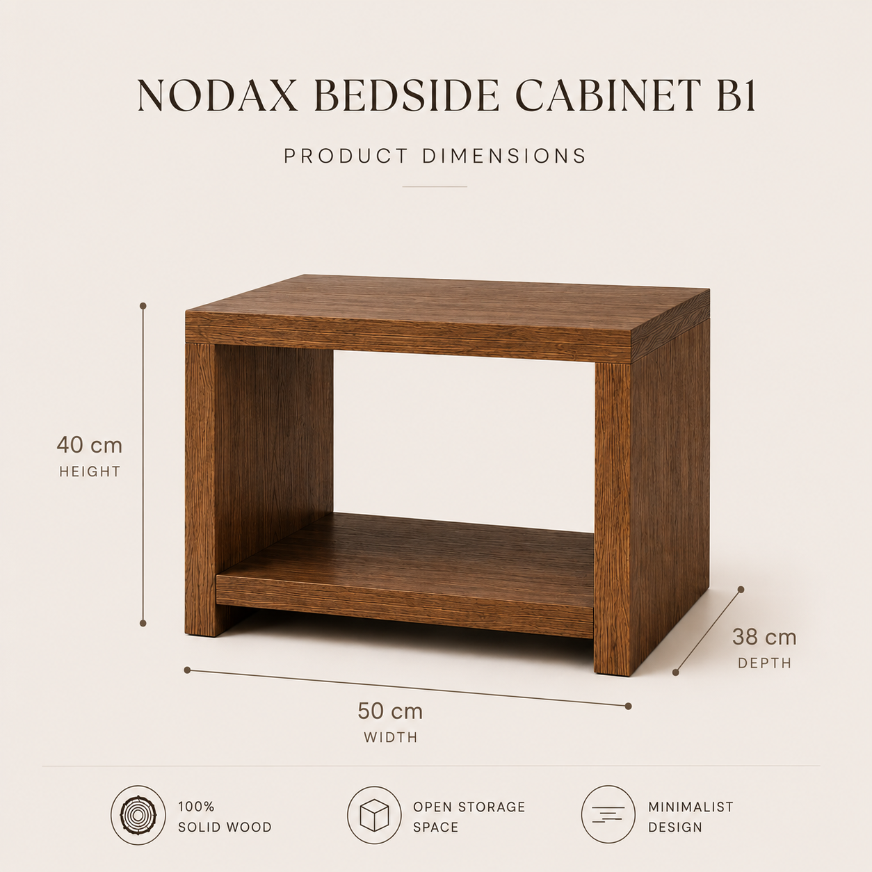 Product dimension diagram for a Nodax bedside cabinet, showing a oak wooden storage cabinet with labeled measurements of 40 cm height, 50 cm width, and 38 cm depth on a light beige background.