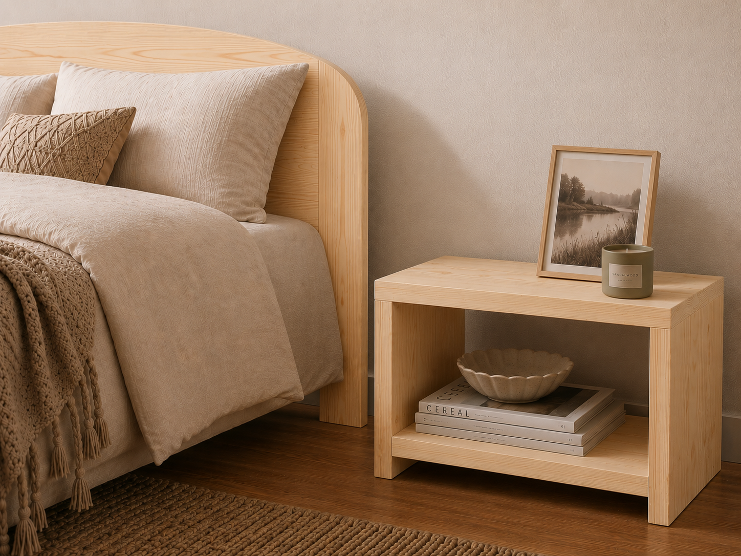 A light natural  pine wood nightstand beside a bed with beige bedding, holding a framed landscape print, a small candle, and stacked books in a softly lit bedroom.