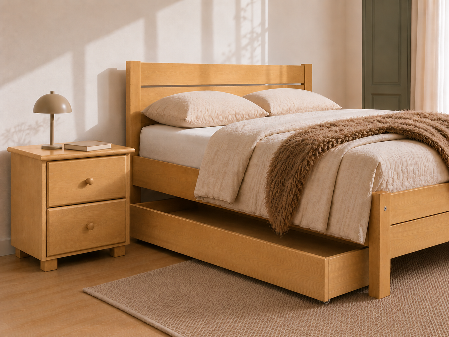 A light natural wood bed frame with a matching nightstand, dressed in neutral beige bedding and a brown throw blanket, set in a brightly lit bedroom.