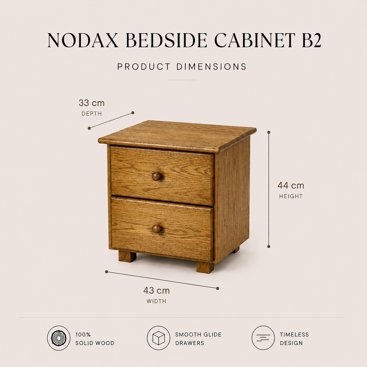 Product dimension diagram for a NODAX bedside cabinet B2, showing a wooden two-drawer nightstand with labeled measurements of 43 cm width, 44 cm height, and 33 cm depth on a light beige background.