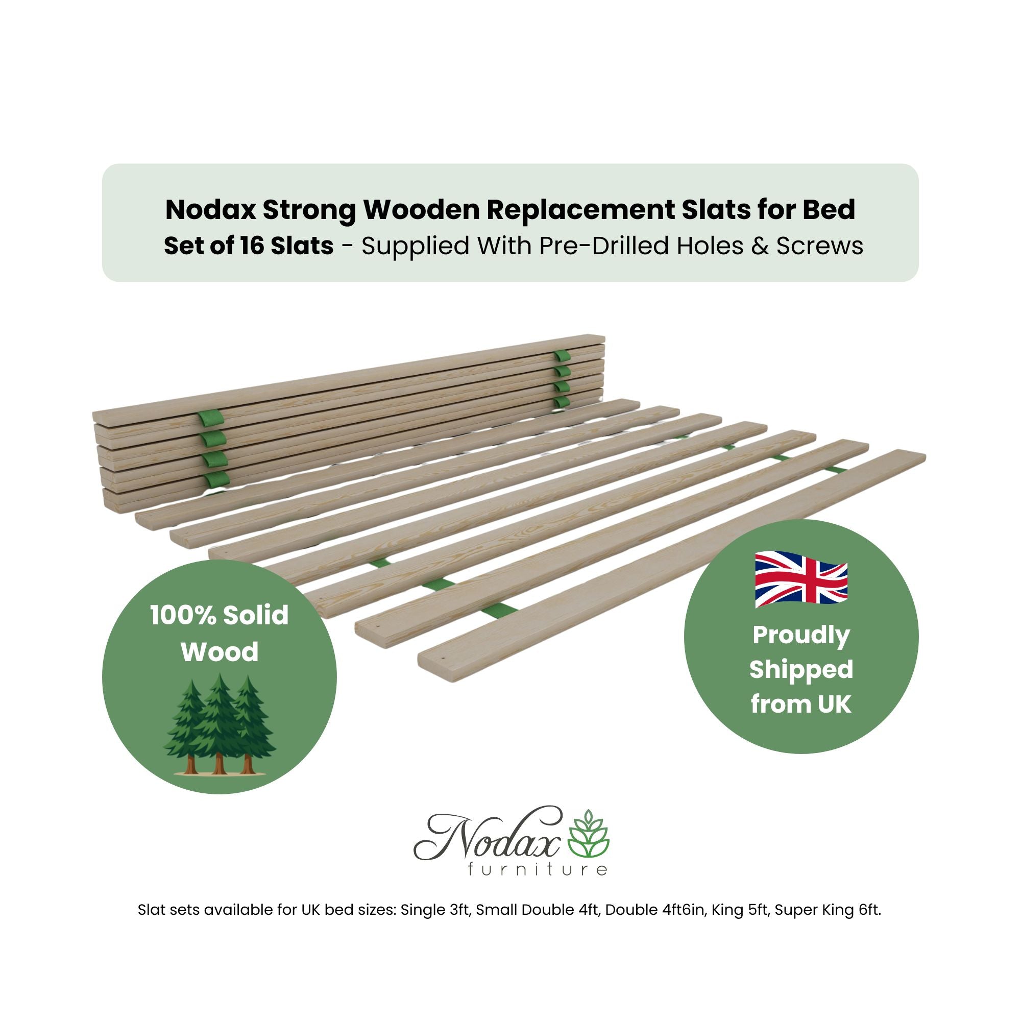 Wooden Slats (Set of 16 Slats) to Fit Standard Bed Sizes