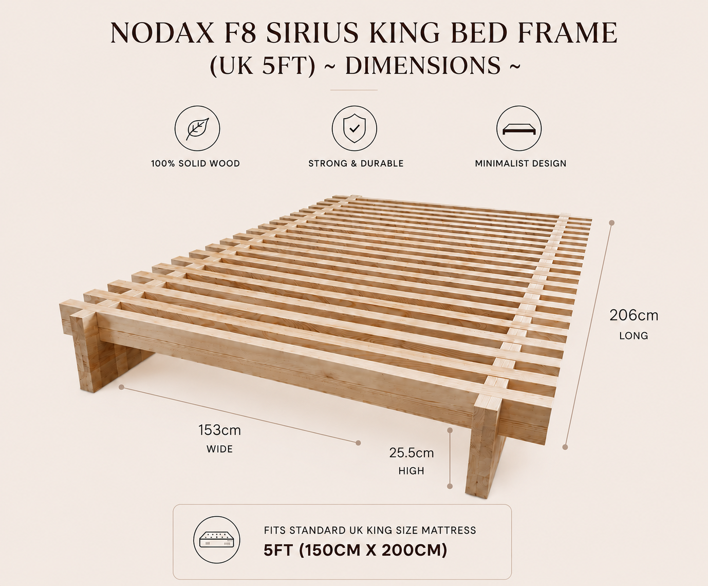 Wooden Bed Frame Sirius (F8) Extra Strong Heavy Duty Natural Pine Artisanal Bed