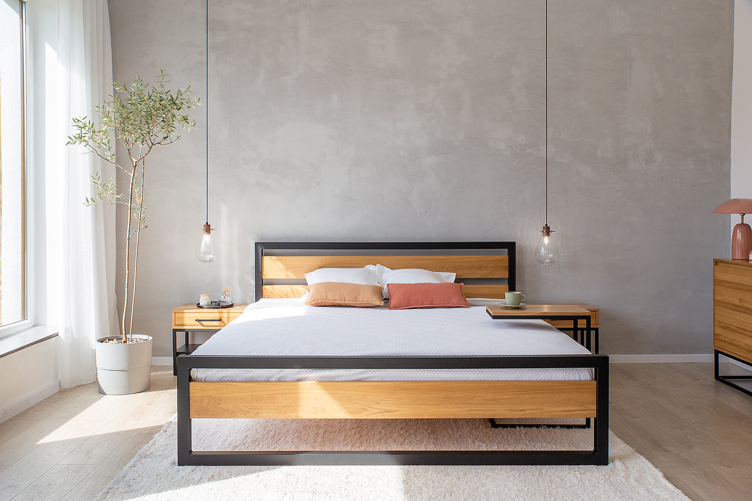 Industrial Steel And Solid Oak Bed Frame - Fortitude Oak & Steel Collection