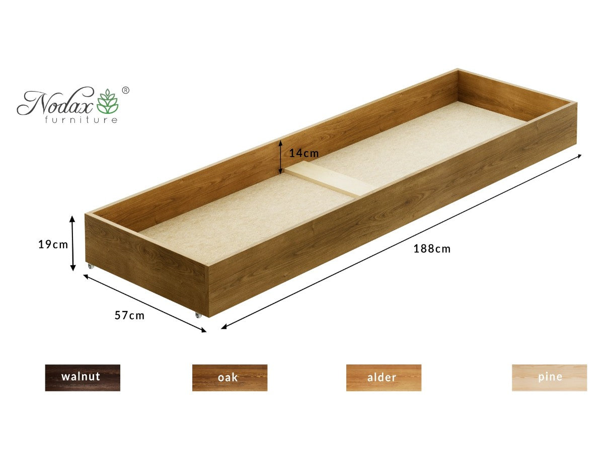  Nodax underbed drawer with straight sides, castor sliders for smooth movement, dimensions 188cm long, oak finish