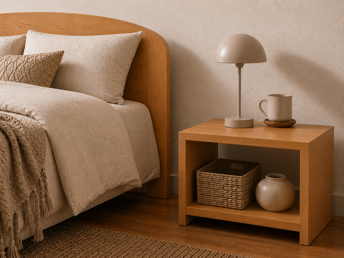 A warm, modern bedroom scene featuring an alder finish nightstand next to a bed with beige linens, styled with a dome lamp, ceramic mug, woven basket, and small vase.