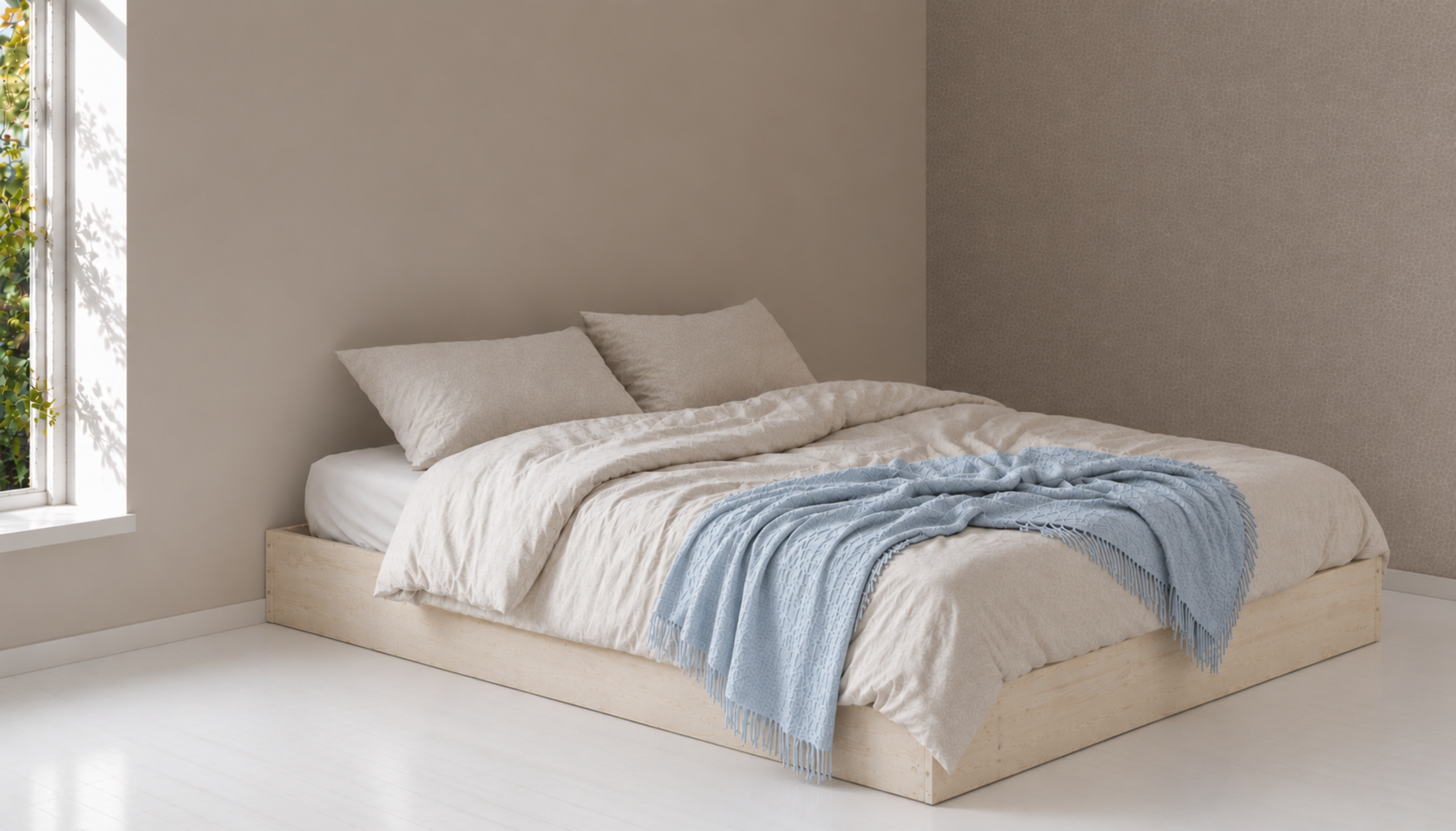 Solid wooden bed with white bedding and a blue blanket in a minimalistic room.
