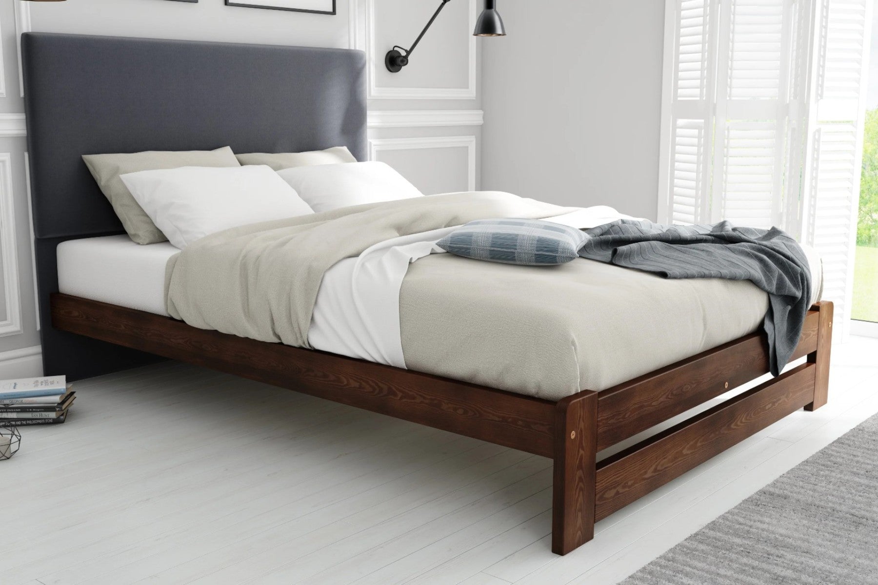 Nodax F13 Leo durable wooden bed frame with dark grey fabric headboard, walnut finish