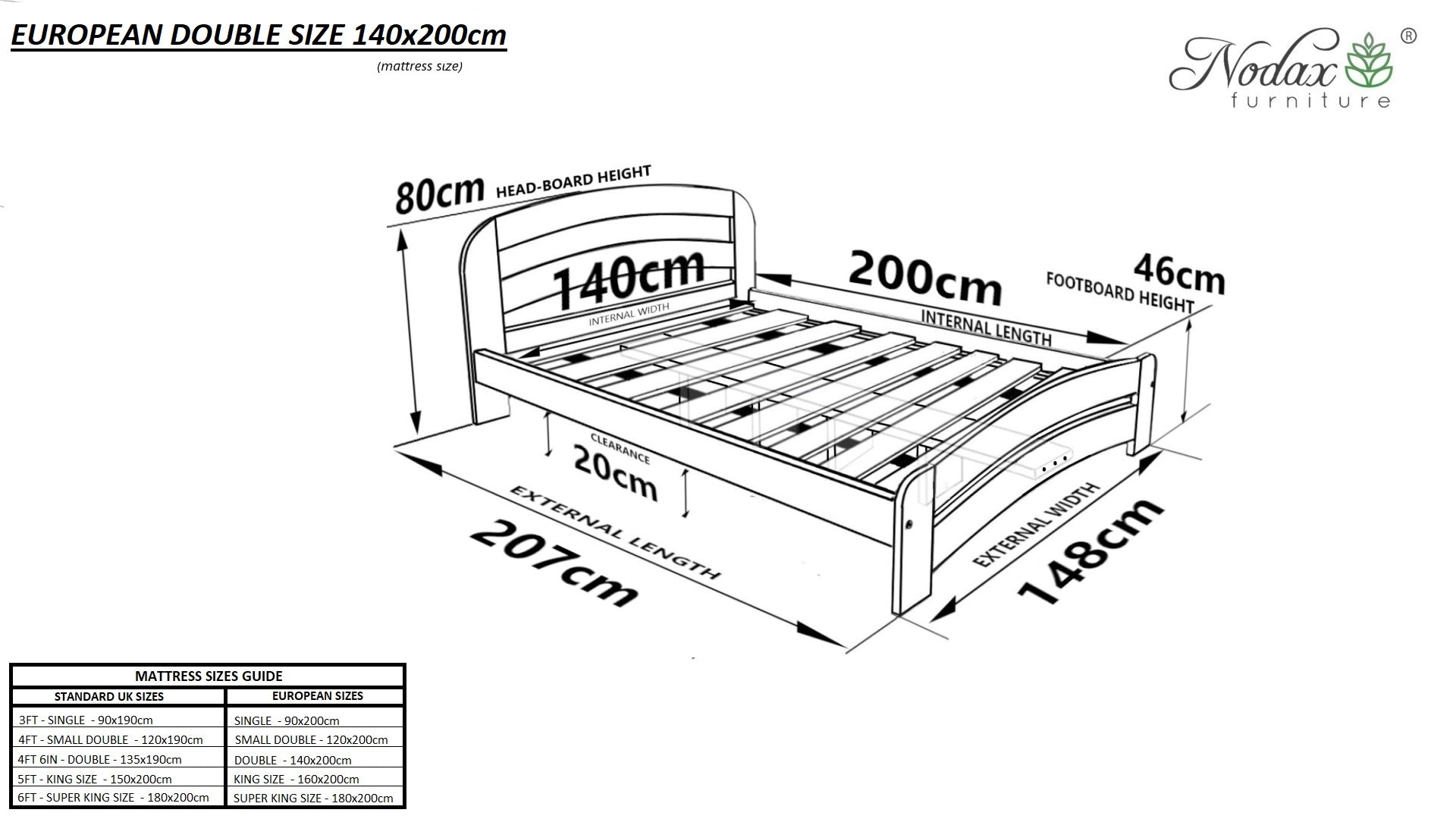 Nodax F10 Dala European sizes, EU Double dimensions