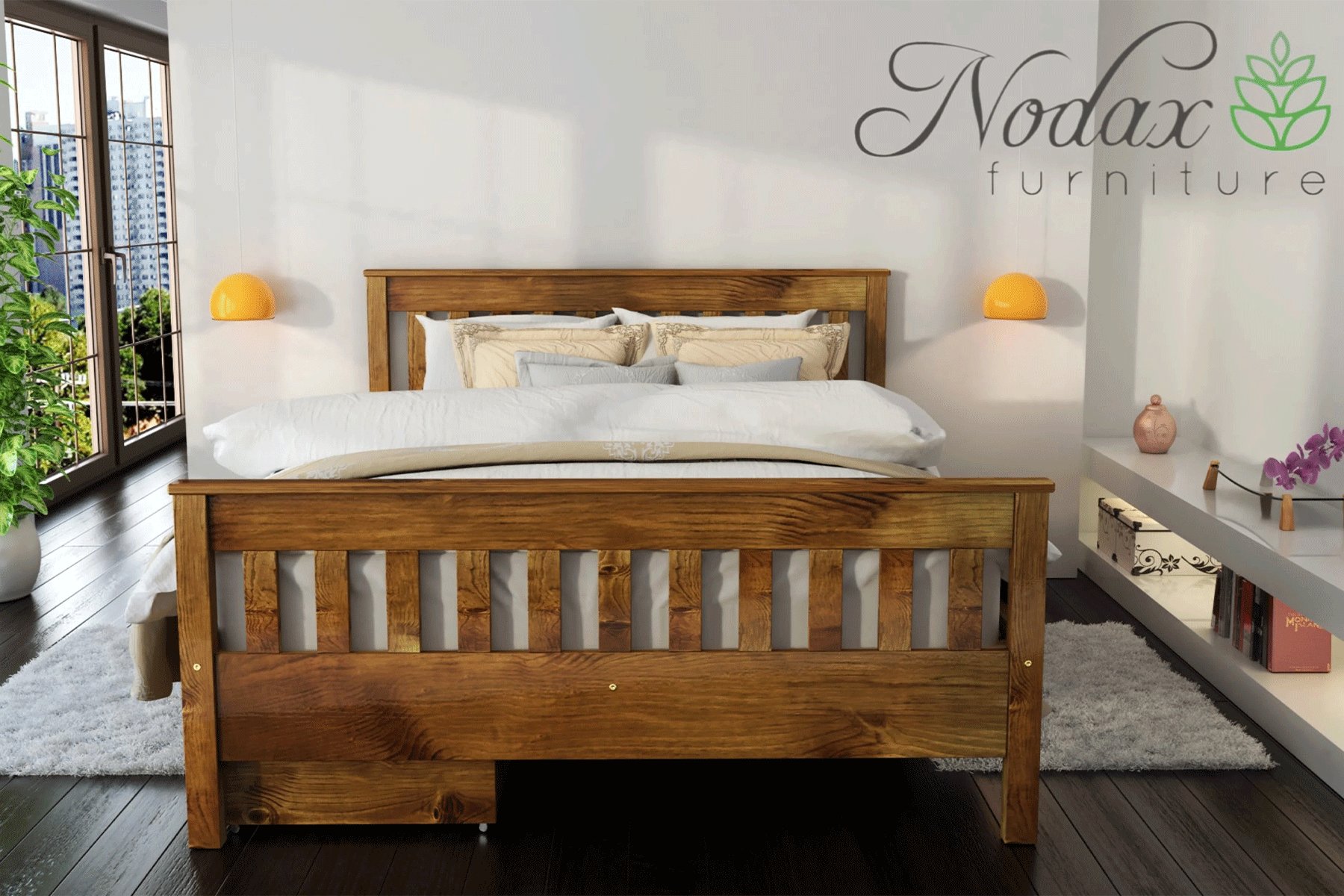 Nodax F16 Hercules wooden bed frame ,slatted headboard and footboard, study and durable bed, regal elegance design, oak finish, bedroom design
