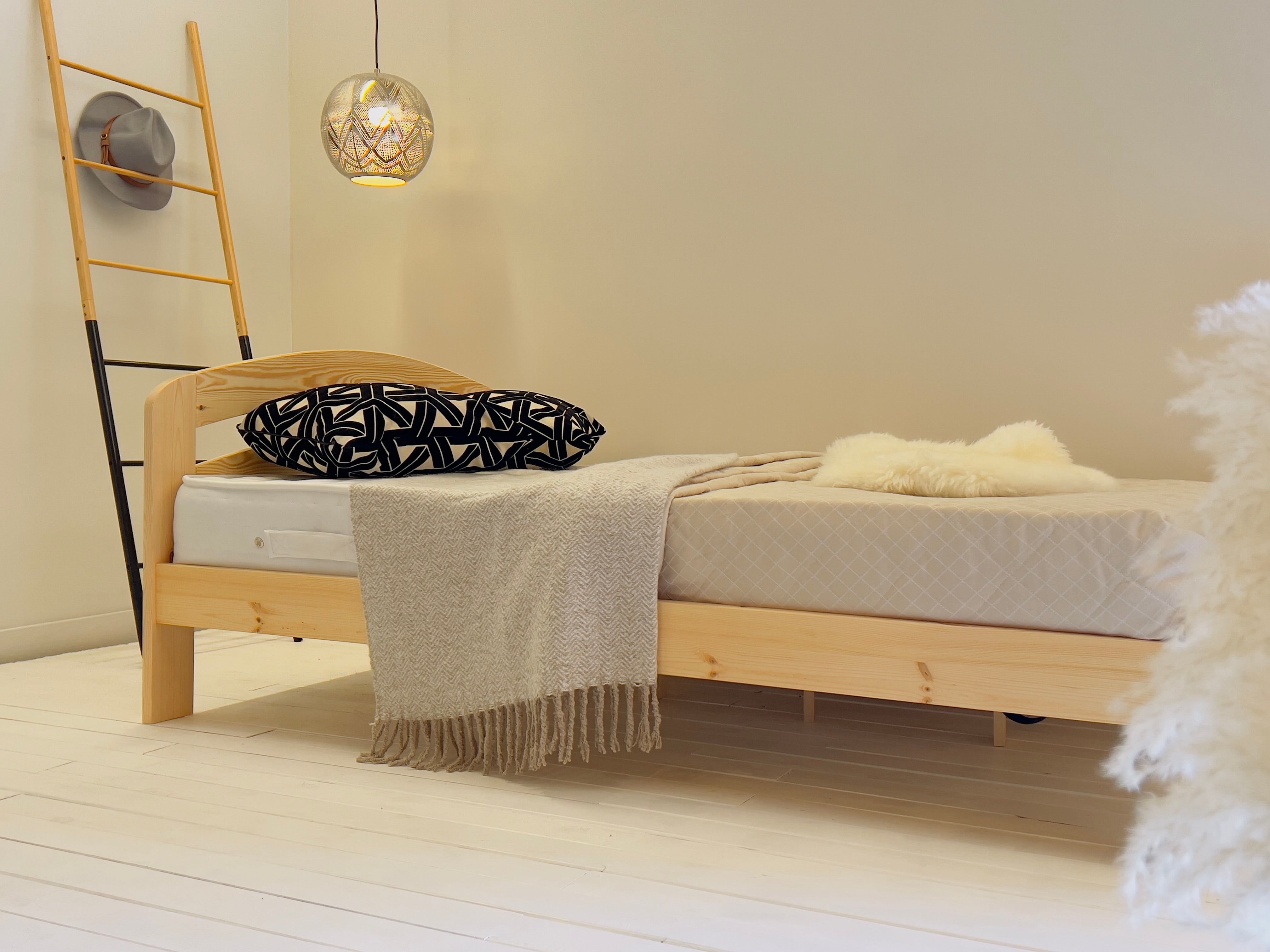 Nodax wooden bedframes, F10 Dala, pine finish, rounded headboard