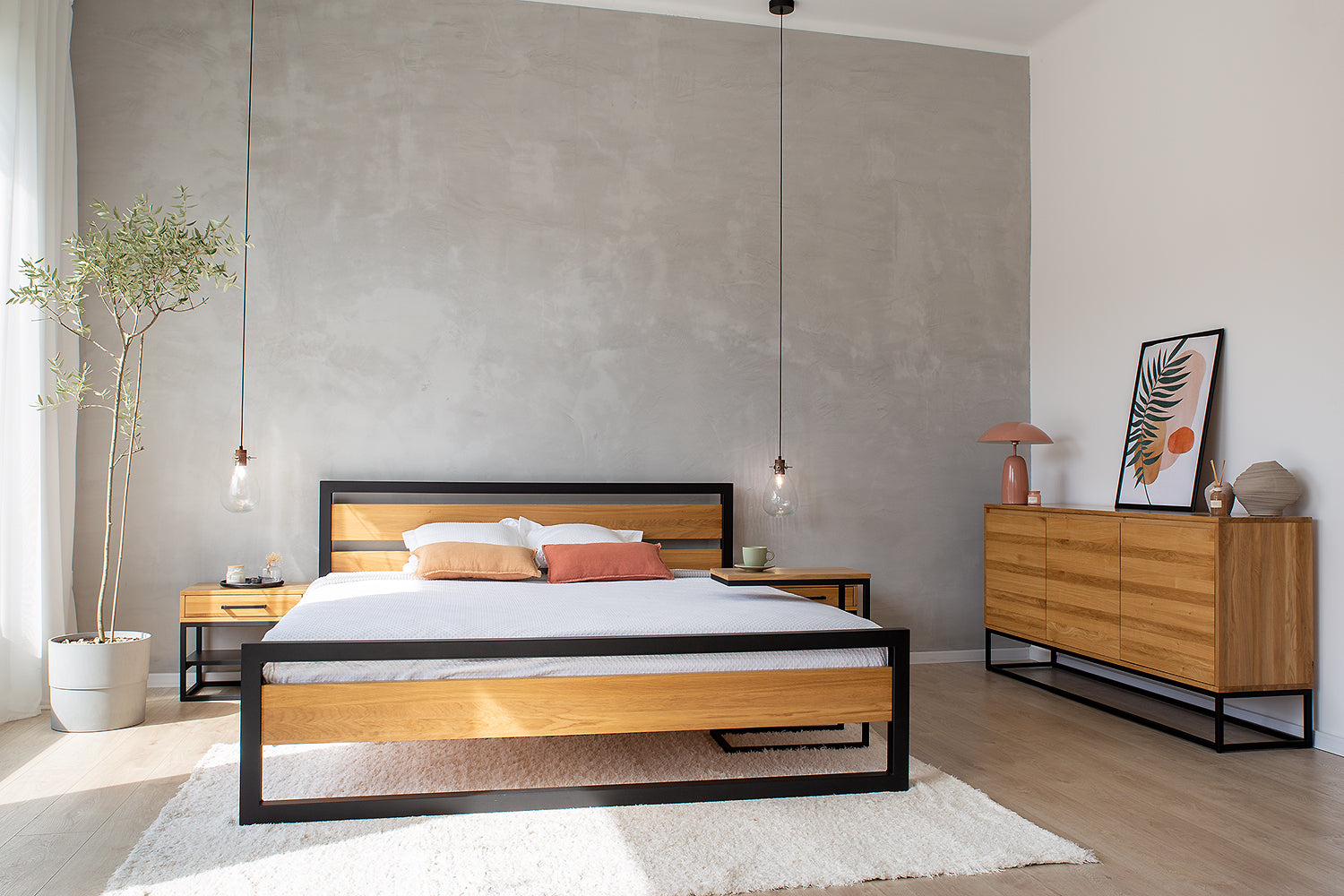 Industrial Steel And Solid Oak Bed Frame - Fortitude Oak & Steel Collection