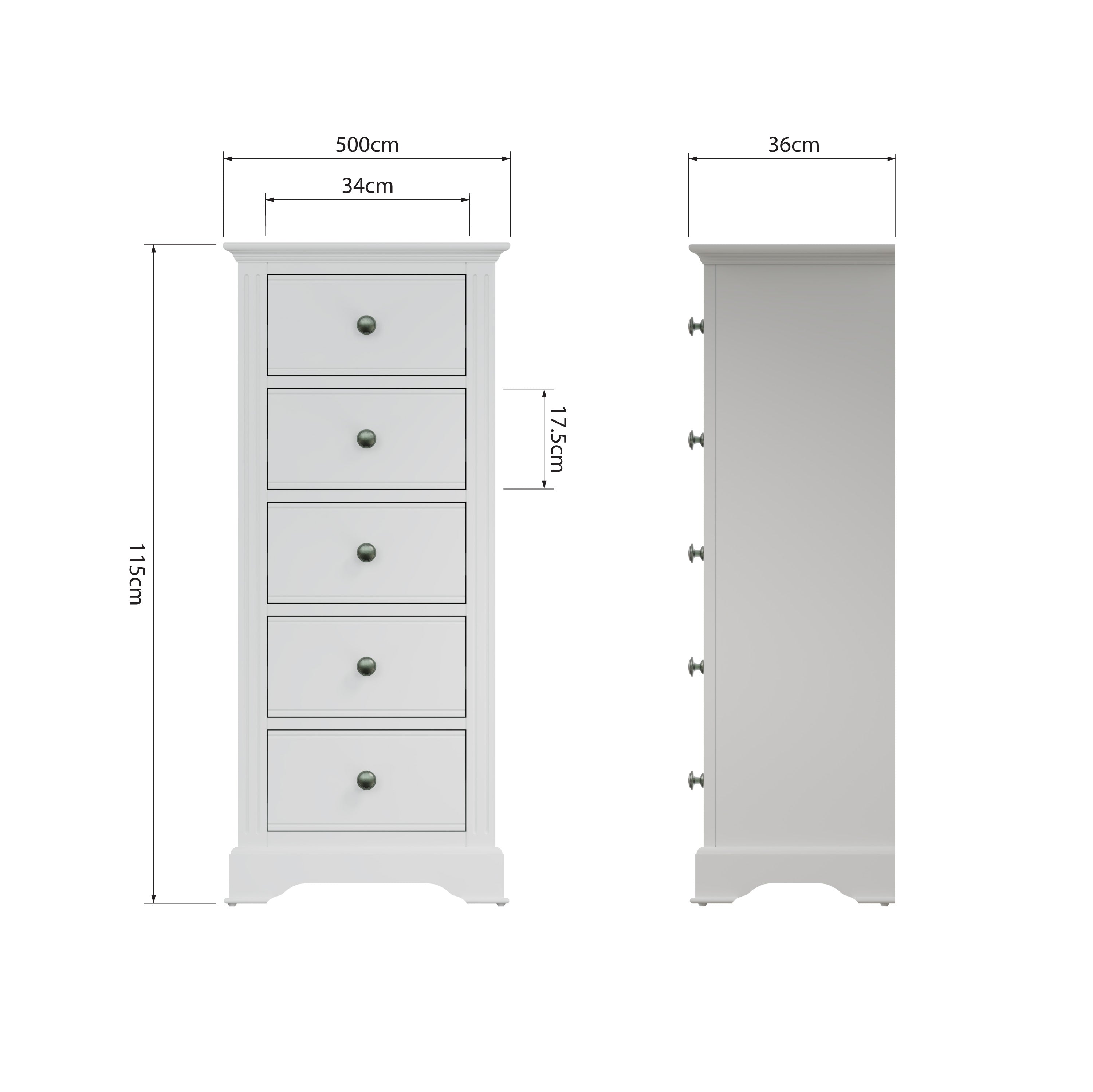 Wooden 5 Drawer Narrow Chest - White Prestige Collection